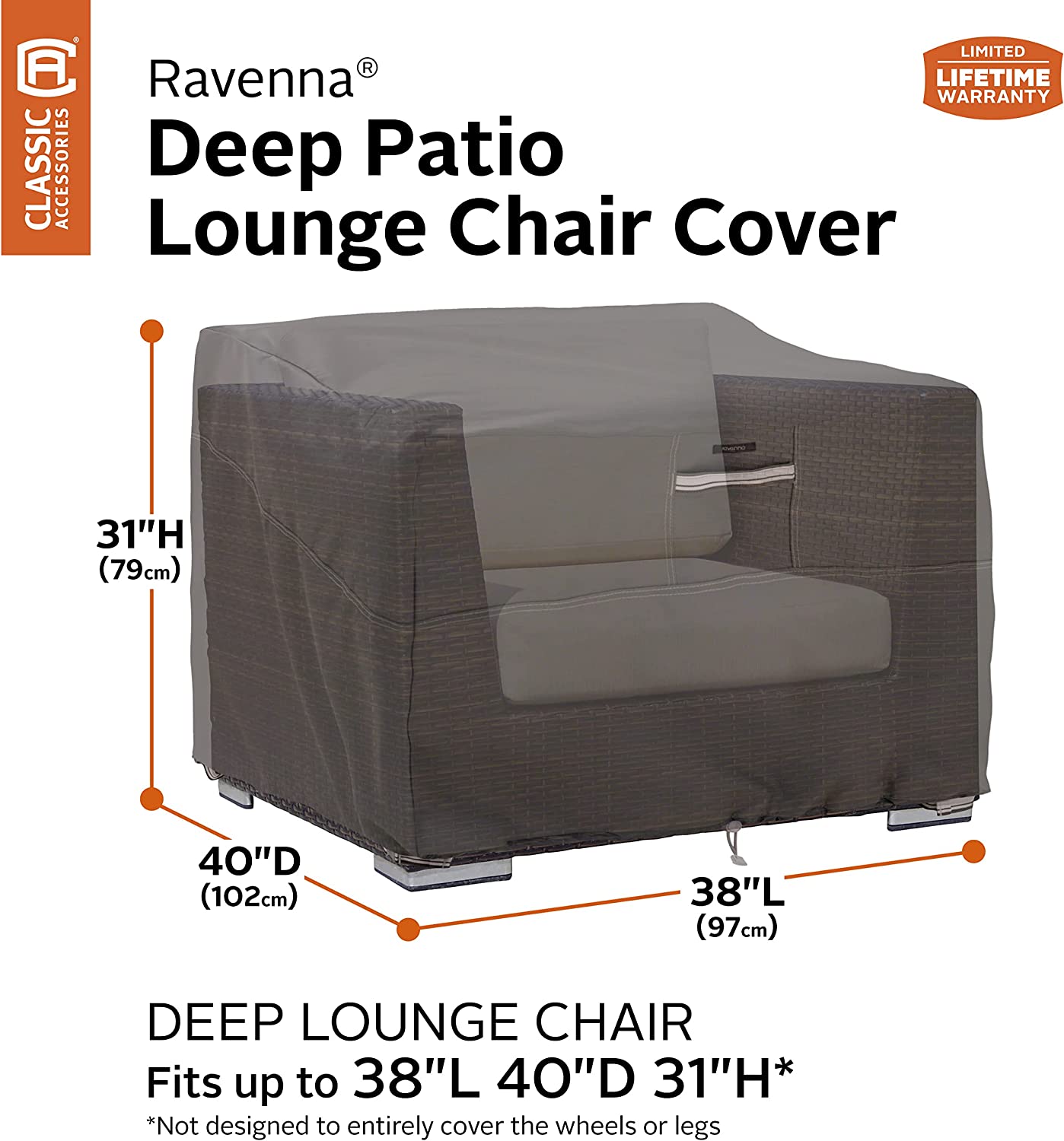 Classic Accessories Ravenna Water-Resistant 38 Inch Deep Seated Patio Lounge Chair Cover, Patio Furniture Covers