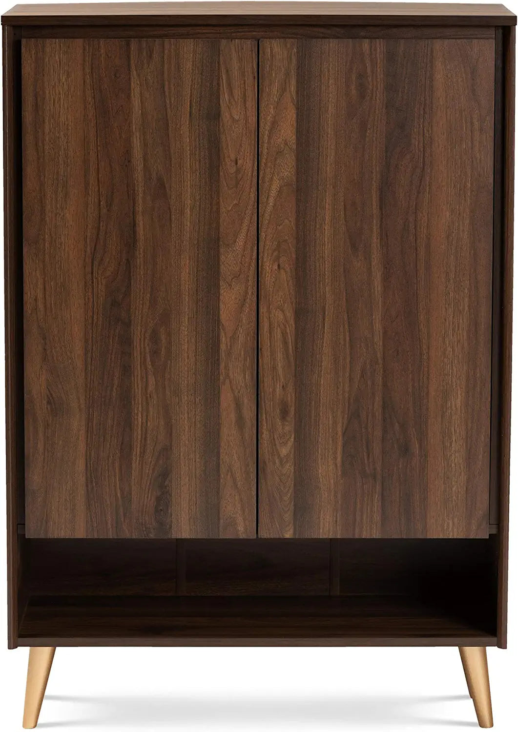 Baxton Studio Landen Mid-Century Modern Walnut Brown and Gold Finished Wood 2-Door Entryway Shoe Storage Cabinet