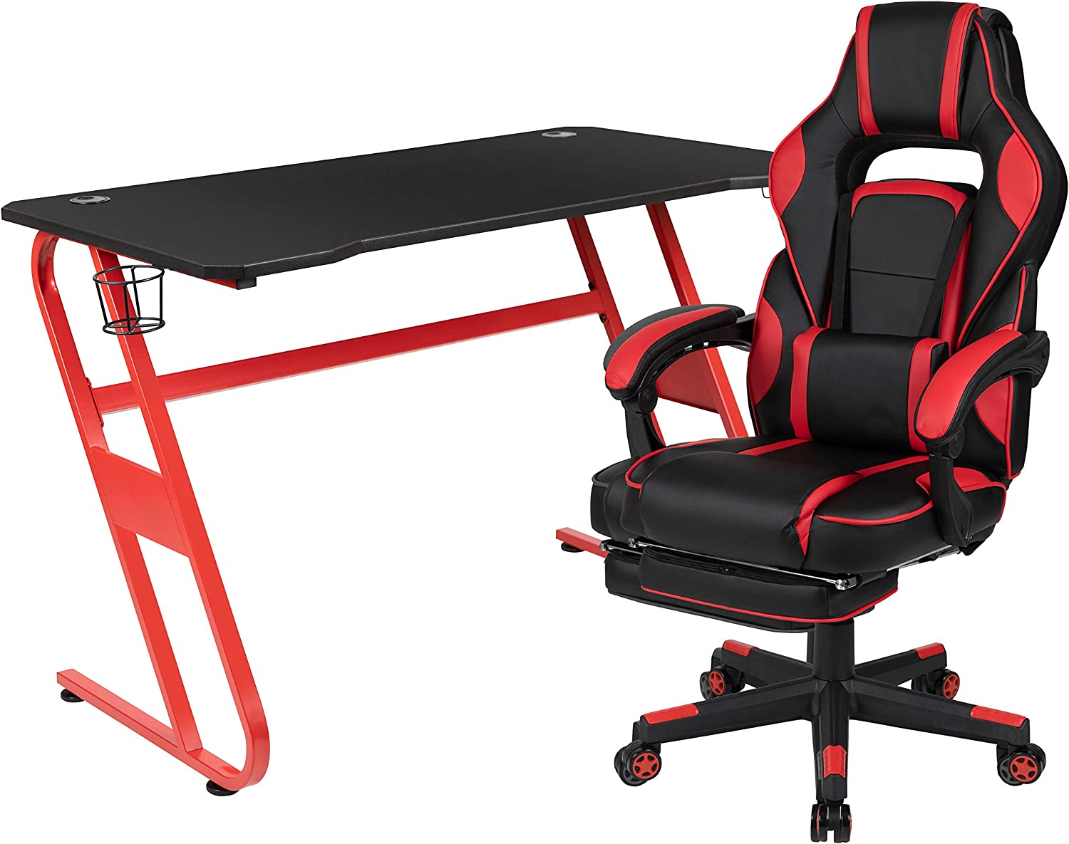 Flash Furniture Red Gaming Desk with Cup Holder/Headphone Hook & Red Reclining Back/Arms Gaming Chair with Footrest