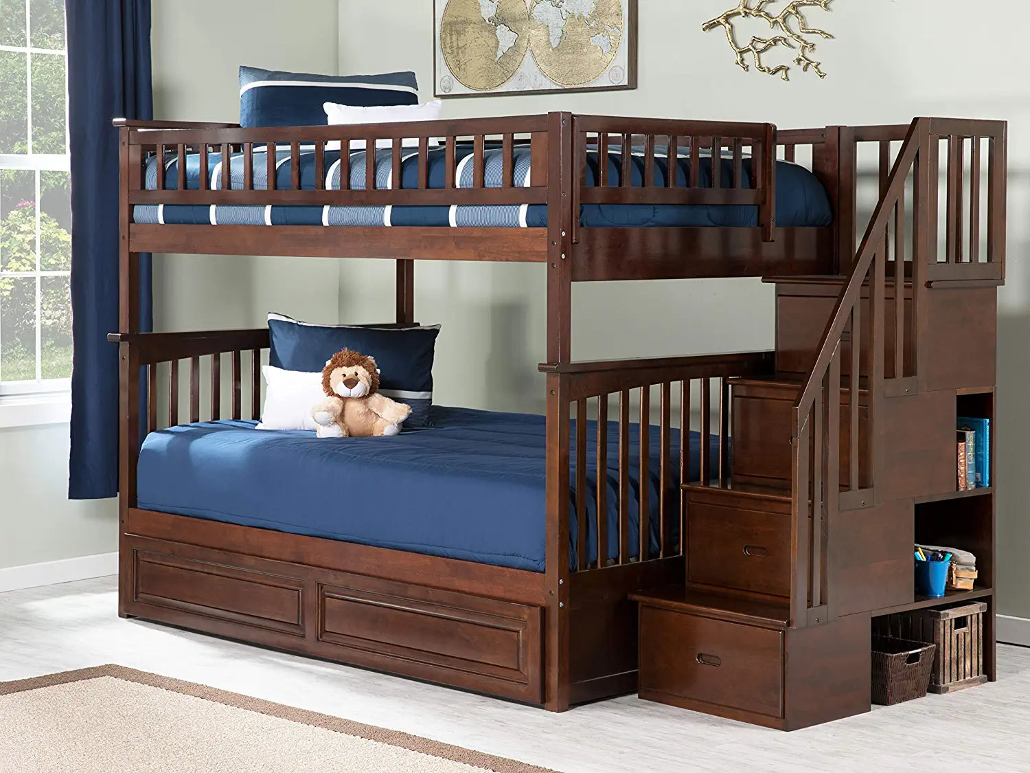 AFI Columbia Staircase Bunk with Turbo Charger and Raised Panel Bed Drawers, Full over Full, Walnut