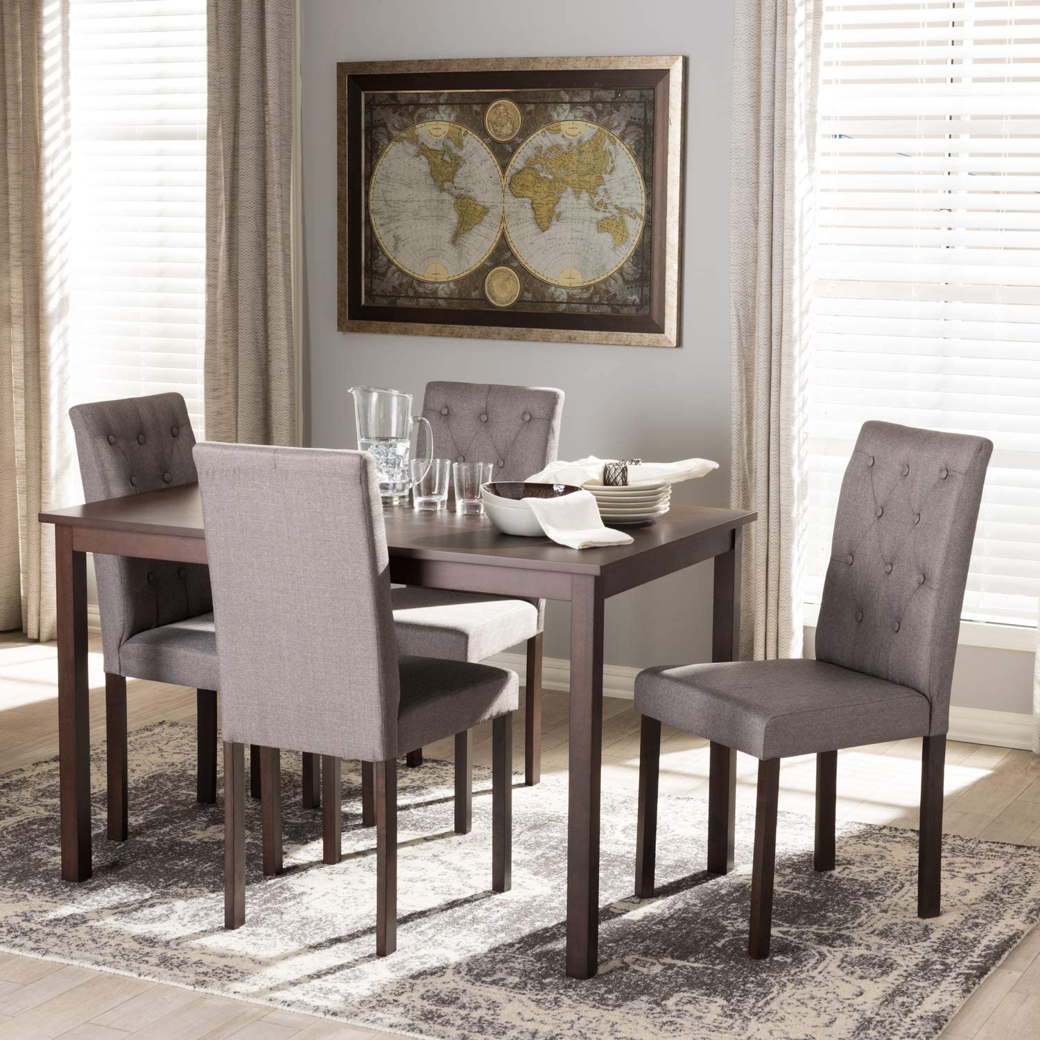 Baxton Studio Gardner Modern and Contemporary 5-Piece Dark Brown Finished Grey Fabric Upholstered Dining Set