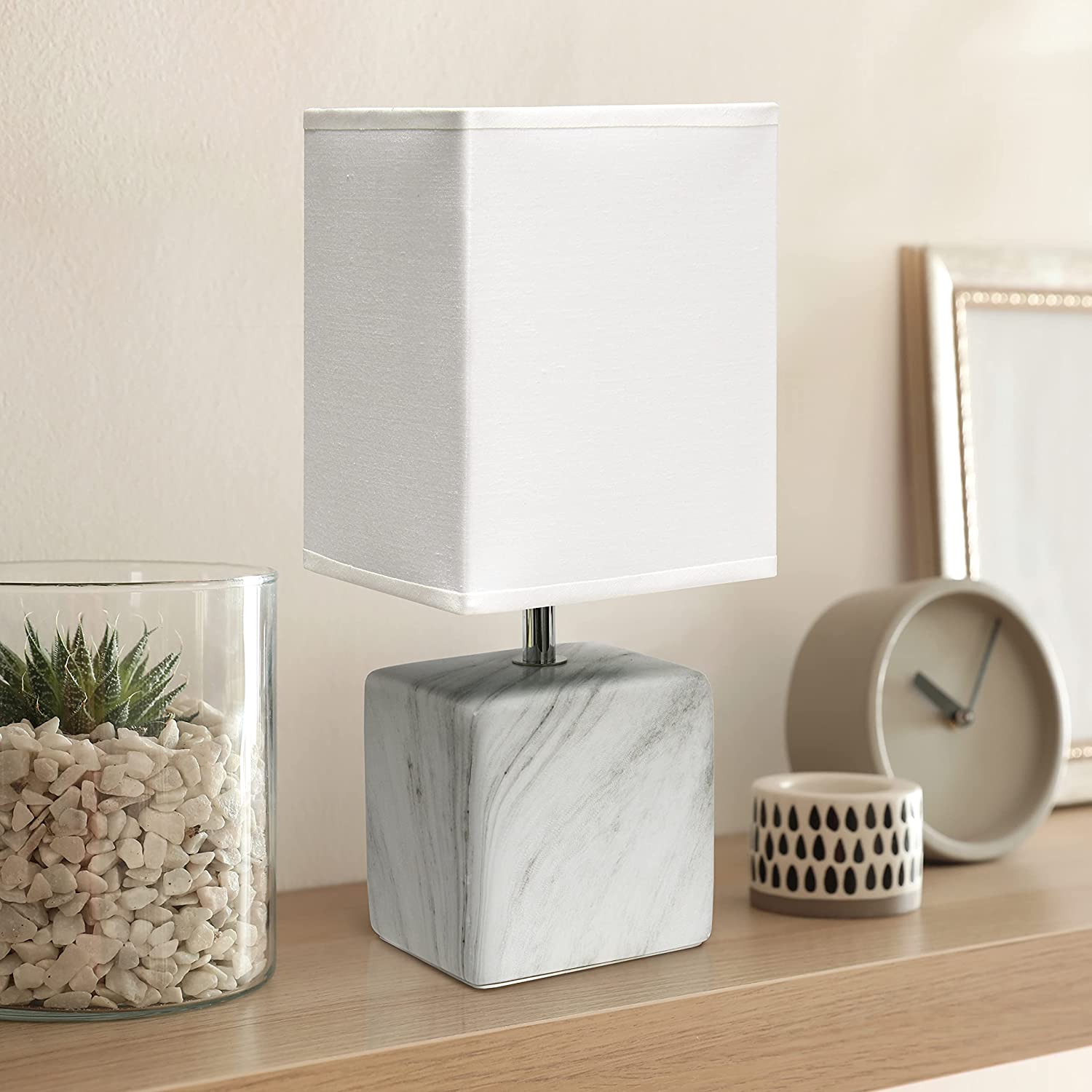 Simple Designs LT2071-WOW White Gray Petite Marbled Ceramic Bedside Mini Table Lamp with White Fabric Shade