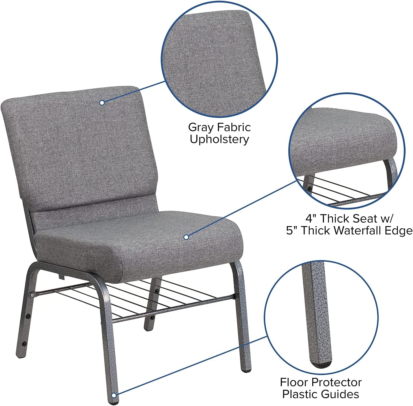 Flash Furniture HERCULES Series 21''W Church Chair in Gray Fabric with Book Rack - Silver Vein Frame