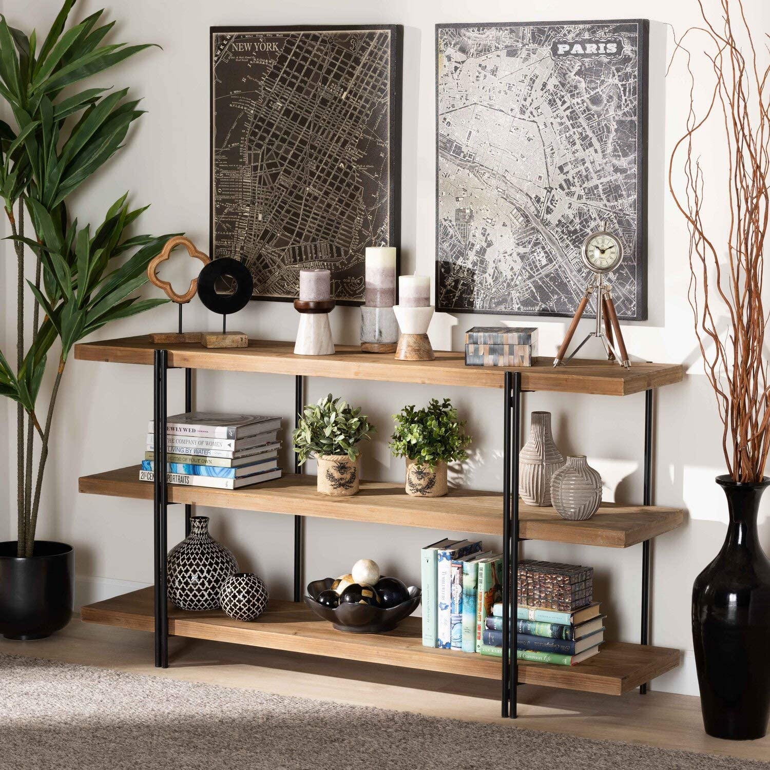 Baxton Studio Tarah Modern Rustic and Industrial Natural Brown Finished Wood and Black Finished Metal Console Table