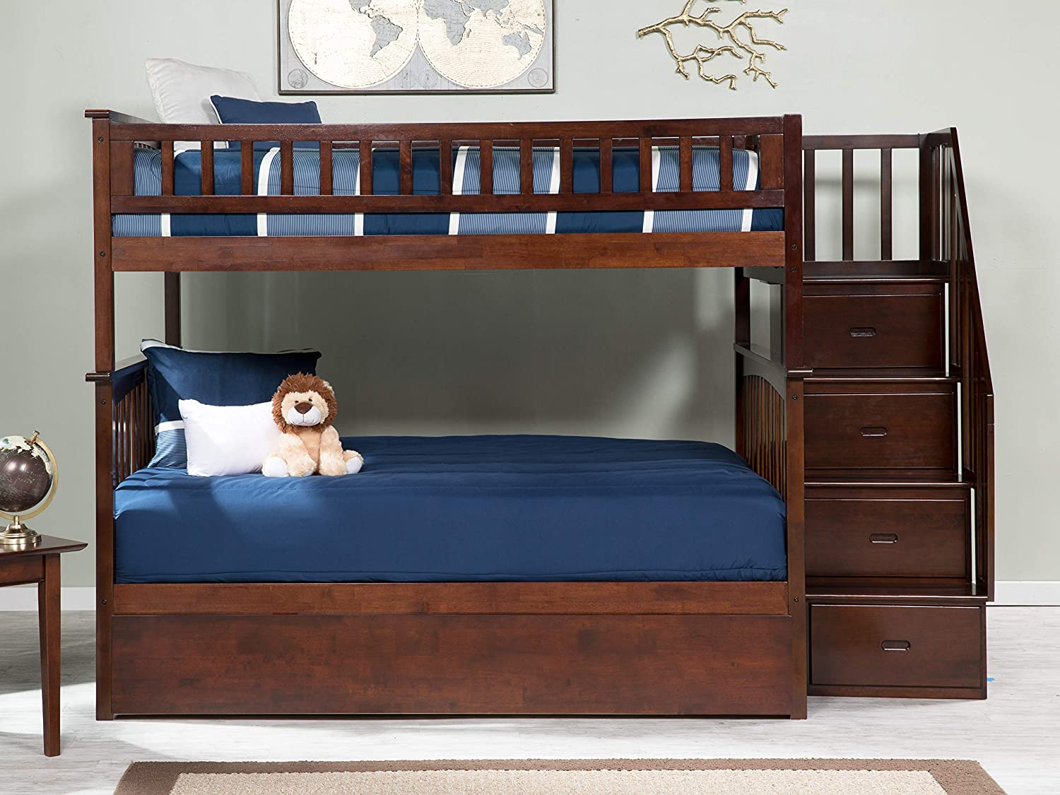 AFI Columbia Staircase Bunk with Turbo Charger and Twin Size Urban Trundle, Full/Full, Walnut