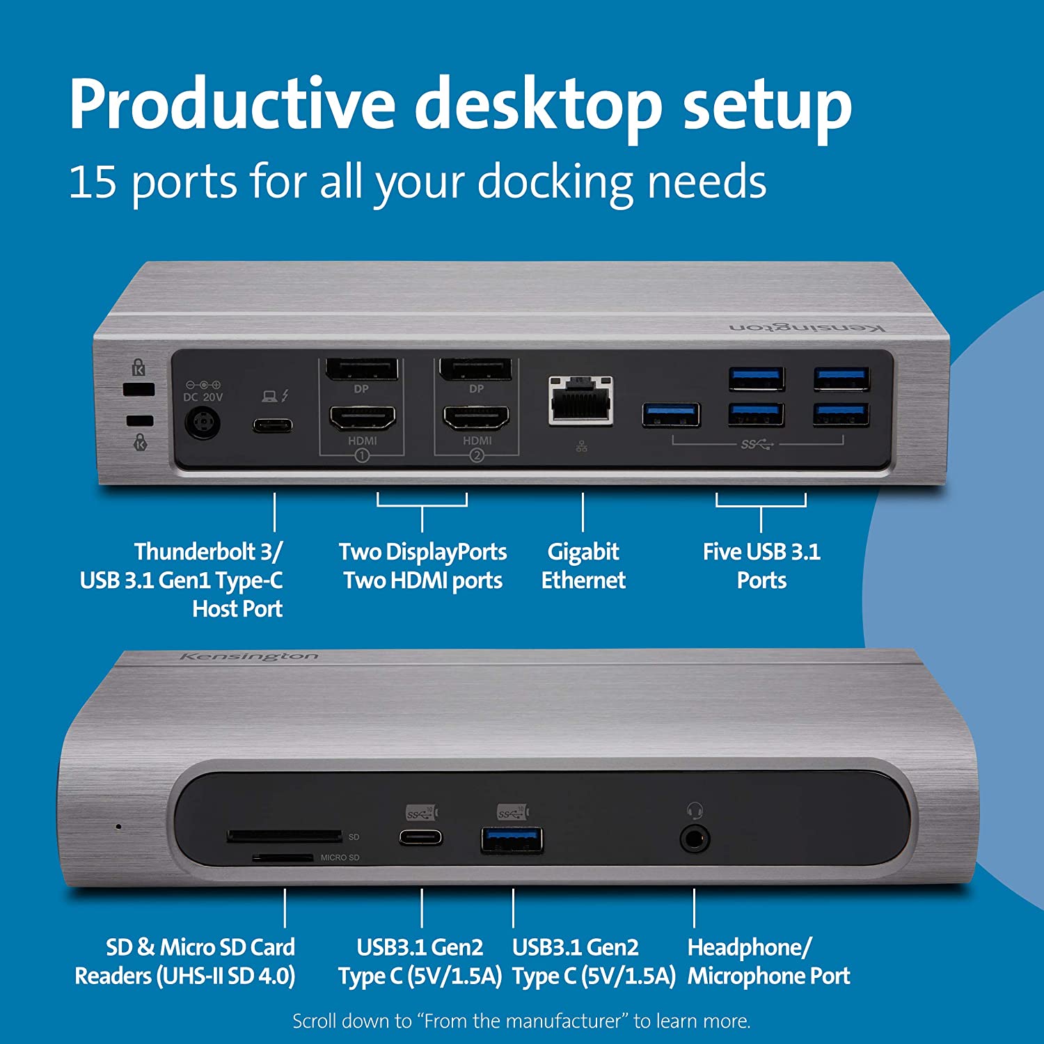 Kensington14-in-1 USB-C and Thunderbolt 3 Dock - Compatible with Mac and Windows, 96W Laptop Charging, 2X HDMI 2.0 and DisplayPort, 7X USB Ports, Ethernet, Audio, SD/MicroSD