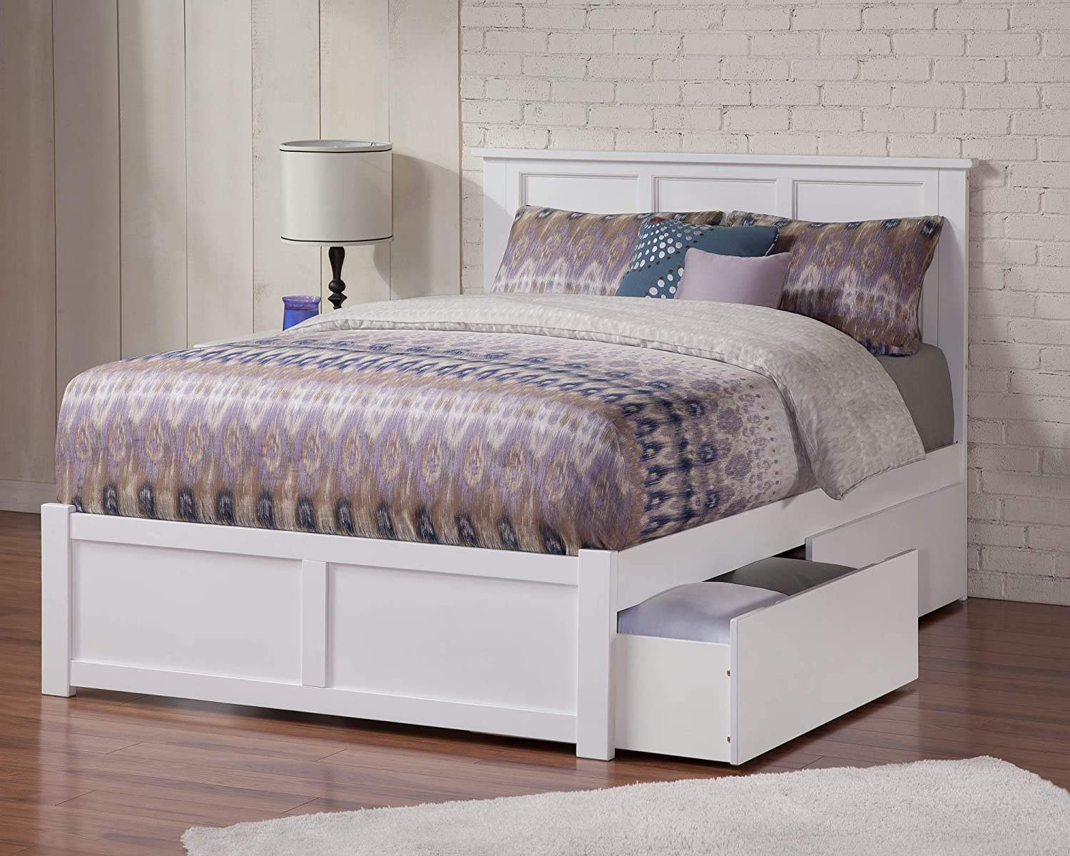 Atlantic Furniture Madison Platform Flat Panel Footboard and Turbo Charger with Urban Bed Drawers, Full, White