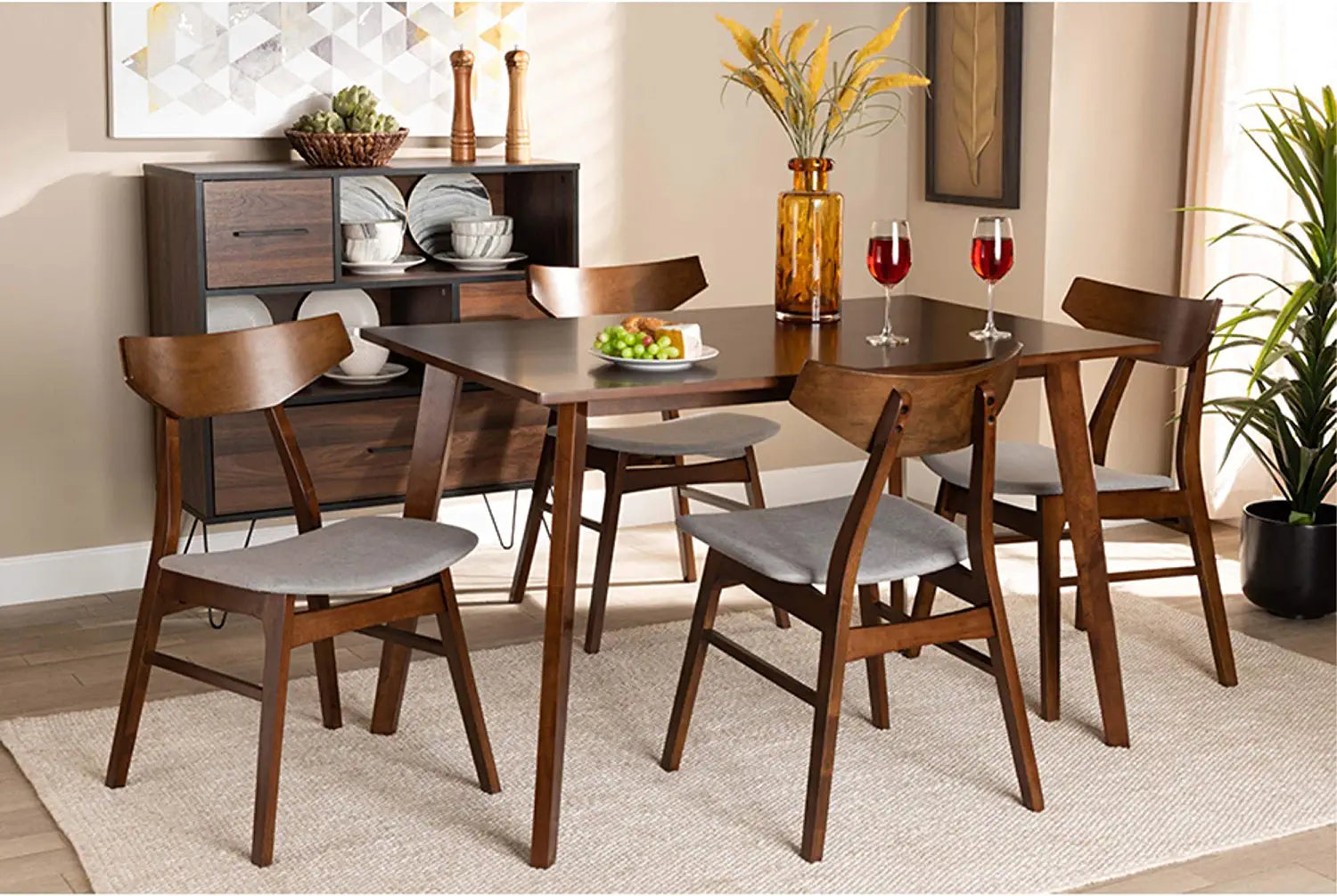 Baxton Studio Lois Mid-Century Modern Transitional Light Grey Fabric Upholstered and Walnut Brown Finished Wood 5-Piece Dining Set