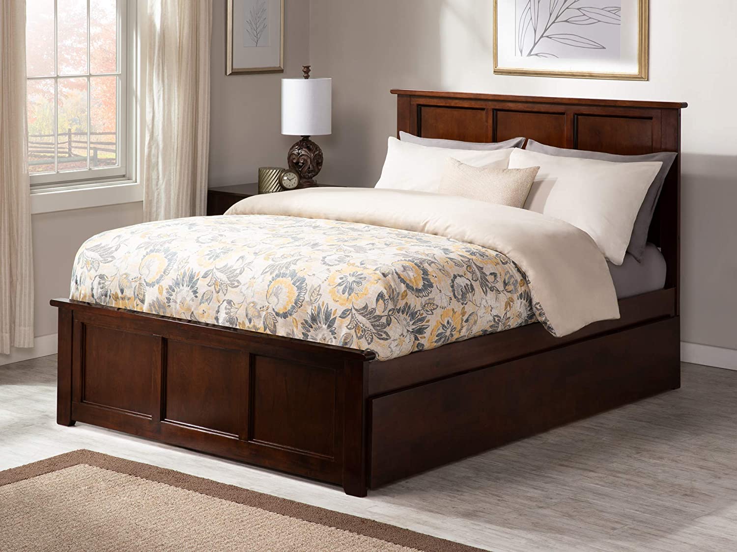 AFI Madison Platform Bed with Matching Footboard and Turbo Charger with Twin Size Urban Trundle, Full, Walnut