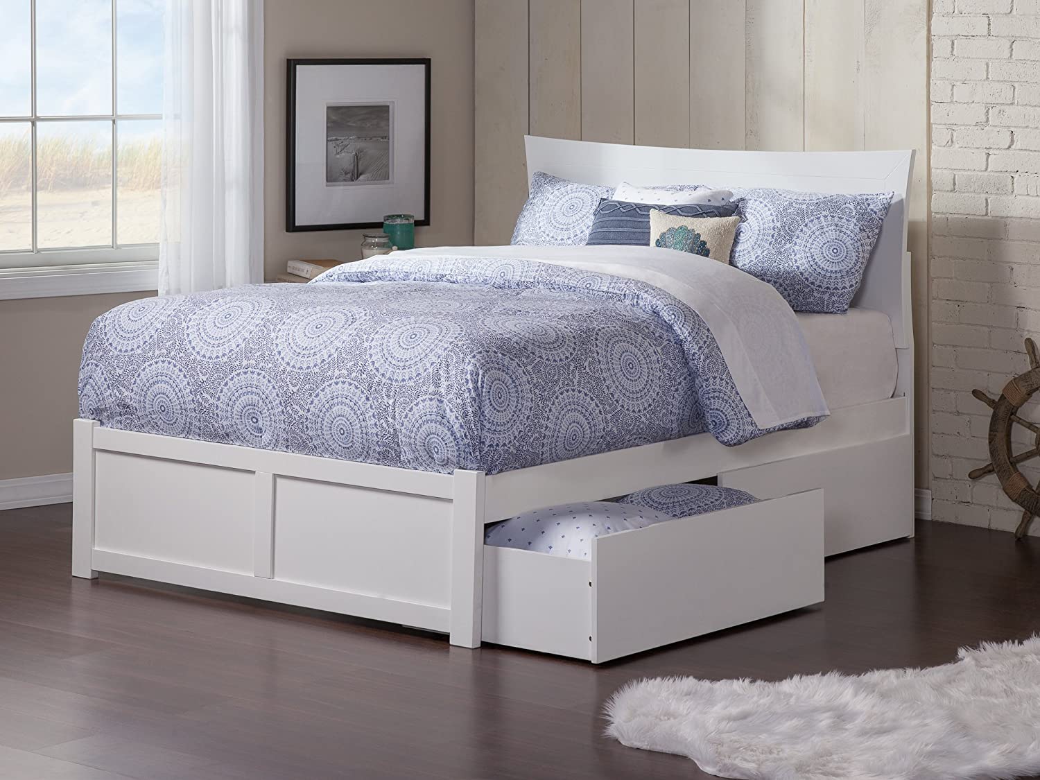 Metro Full Platform Bed with Flat Panel Footboard and Turbo Charger with Urban Bed Drawers in White