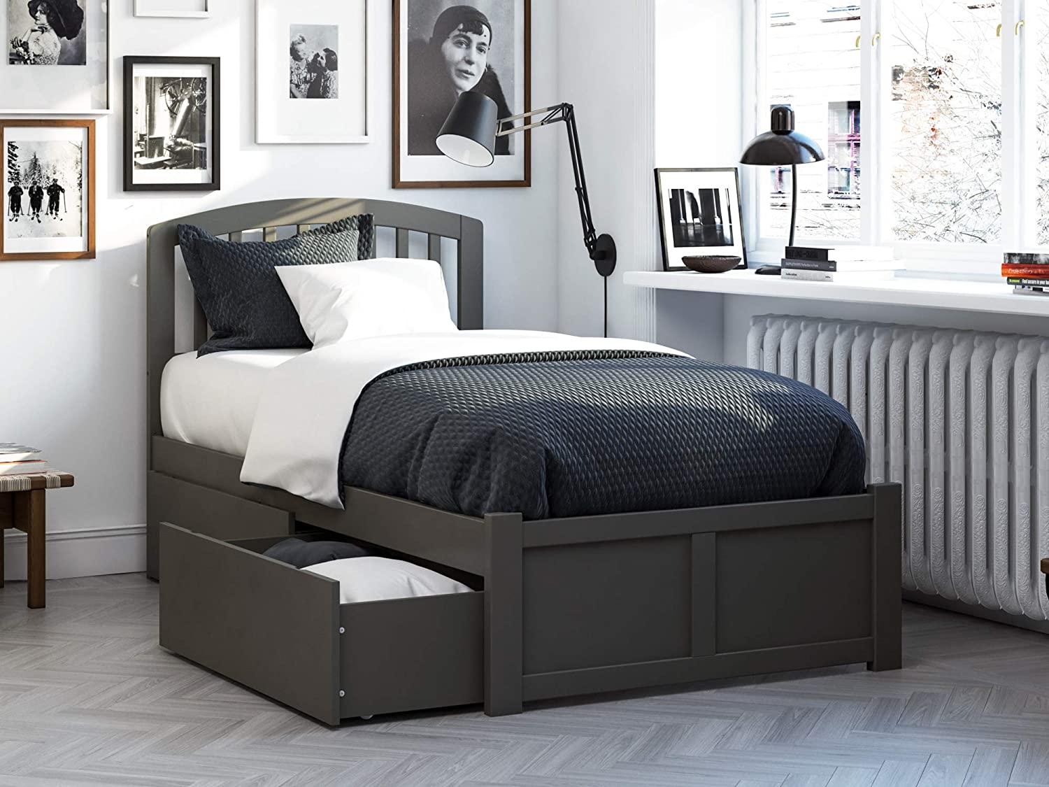 AFI Richmond Platform Flat Panel Footboard and Turbo Charger with Urban Bed Drawers, Twin XL, Grey