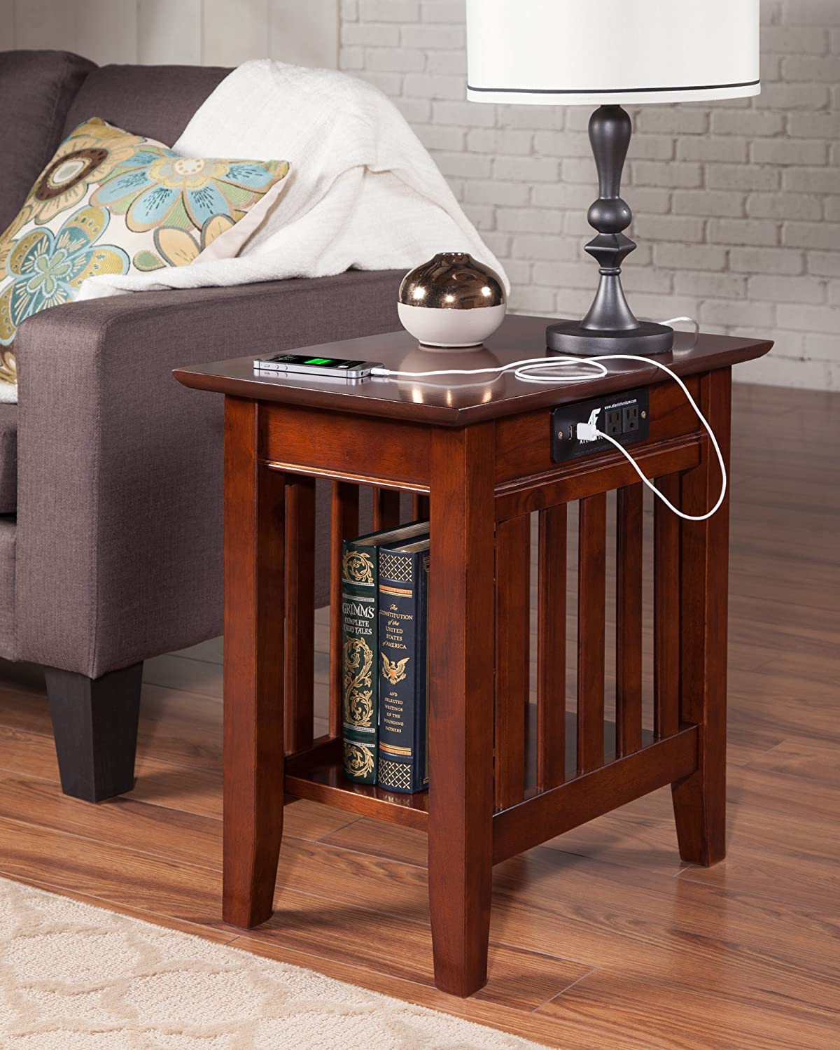 AFI Mission Chair Side Table with Charging Station, (22&#34; x 14&#34;), Grey
