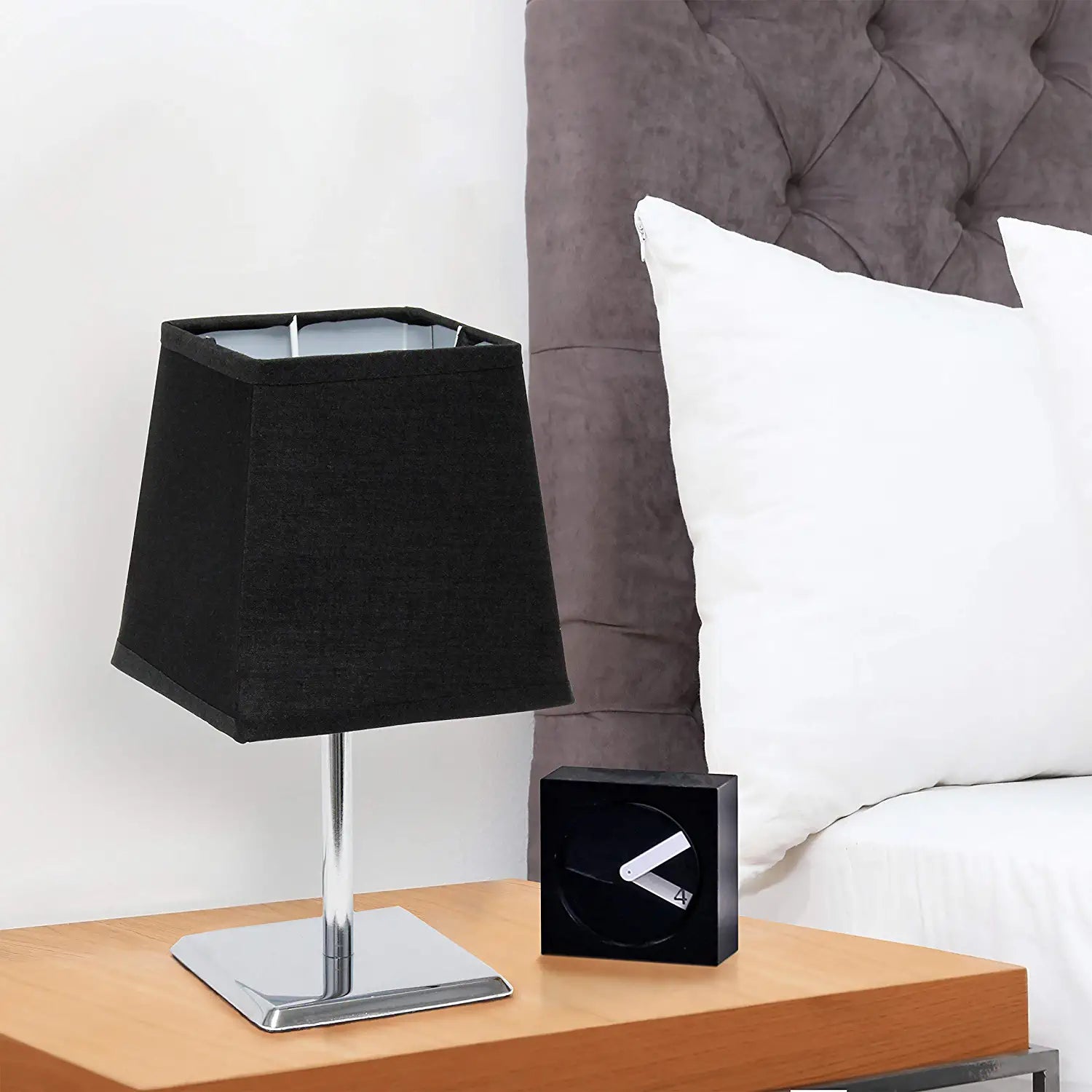 Simple Designs LT2062-BLK Mini Chrome Squared Empire Fabric Shade Table Lamp, Black