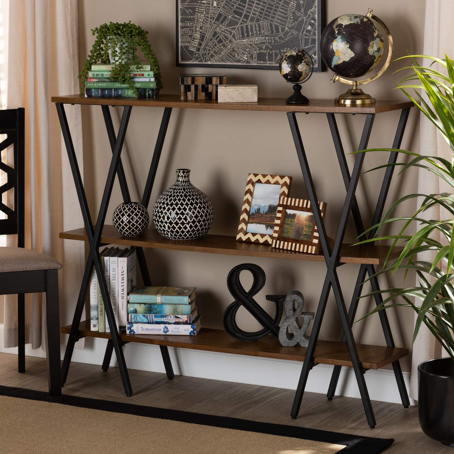 Baxton Studio Norton Rustic and Industrial Walnut Brown Finished Wood and Black Finished Metal Console Table