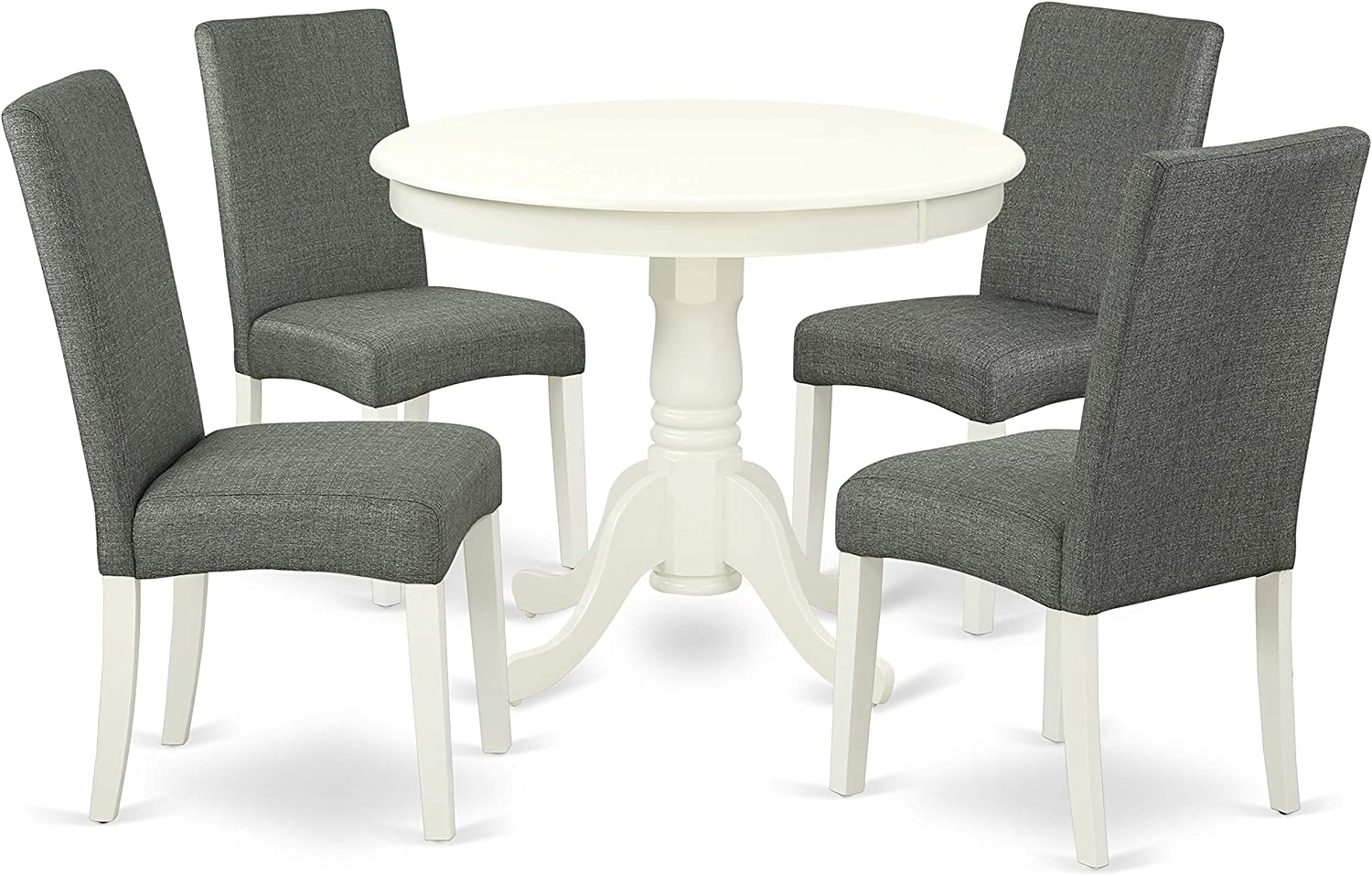 East West Furniture ANDR5-LWH-07 Wood Dinette Set 5 Pc - Grey Linen Fabric Parsons Chairs - Linen White Finish Solid Wood Pedestal Mid century Dining Table and Frame