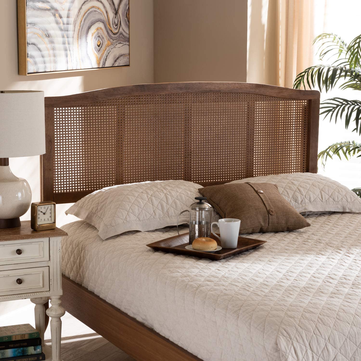 Baxton Studio Marieke Mid-Century Modern Ash Wanut Finished Wood and Synthetic Rattan King Size Headboard