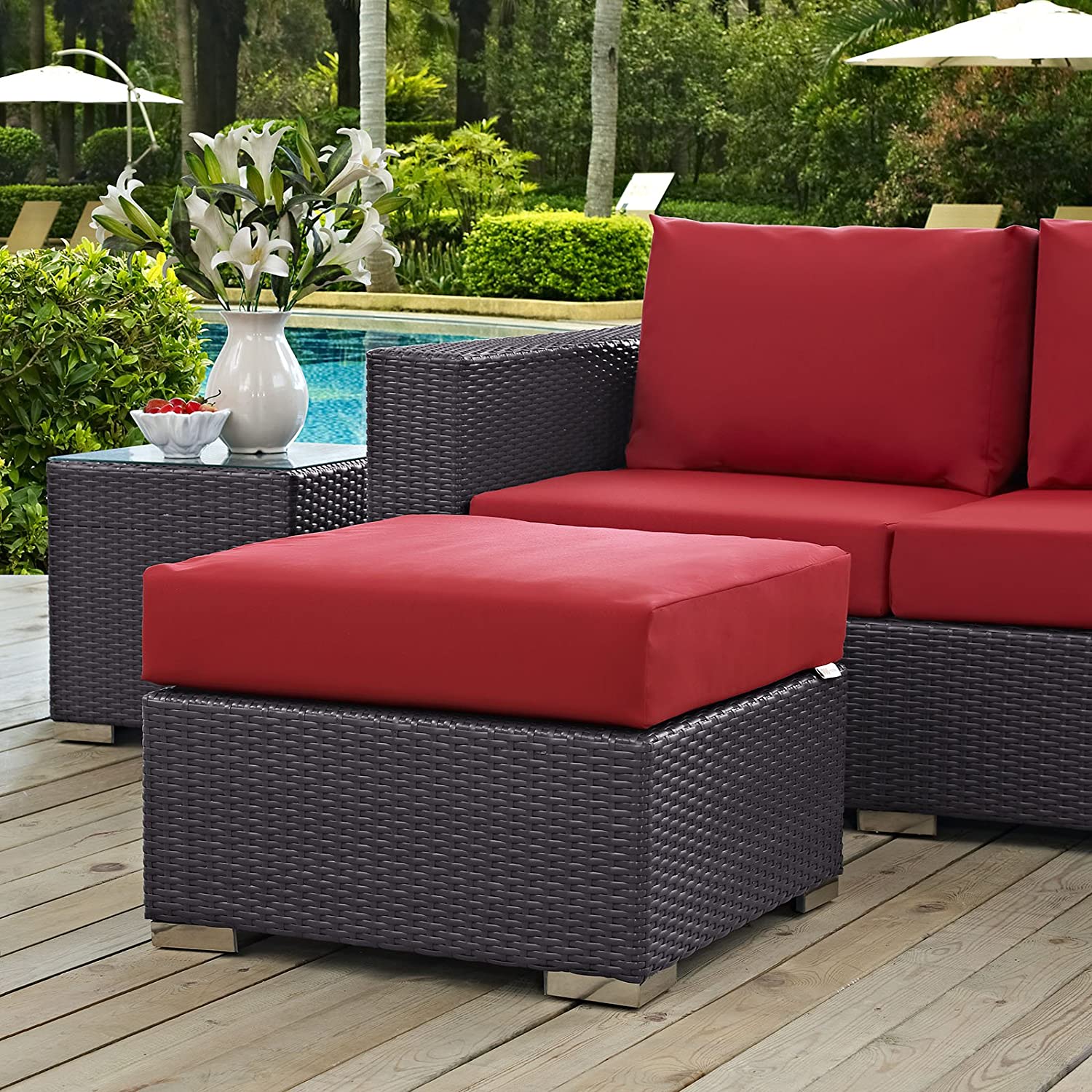 Modway EEI-1911-EXP-RED Convene Patio Fabric Square Ottoman Outdoor Furniture, Espresso Red