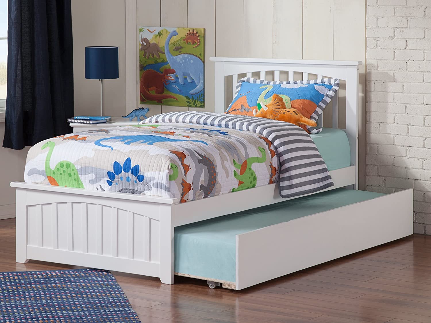AFI Mission Platform Bed with Matching Footboard and Turbo Charger with Twin Extra Long Trundle, XL, White