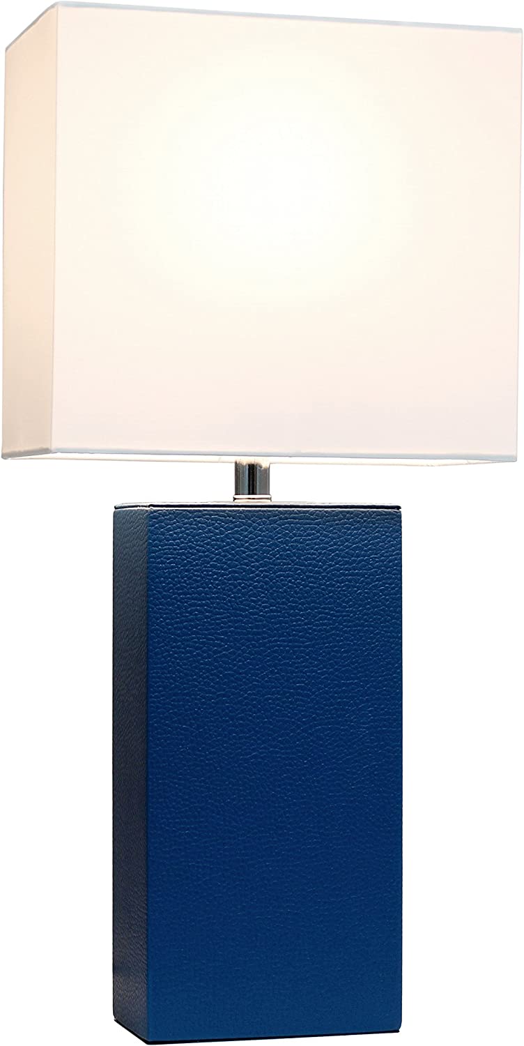Elegant Designs LT1025-WHT Modern Leather White Fabric Shade Table Lamp