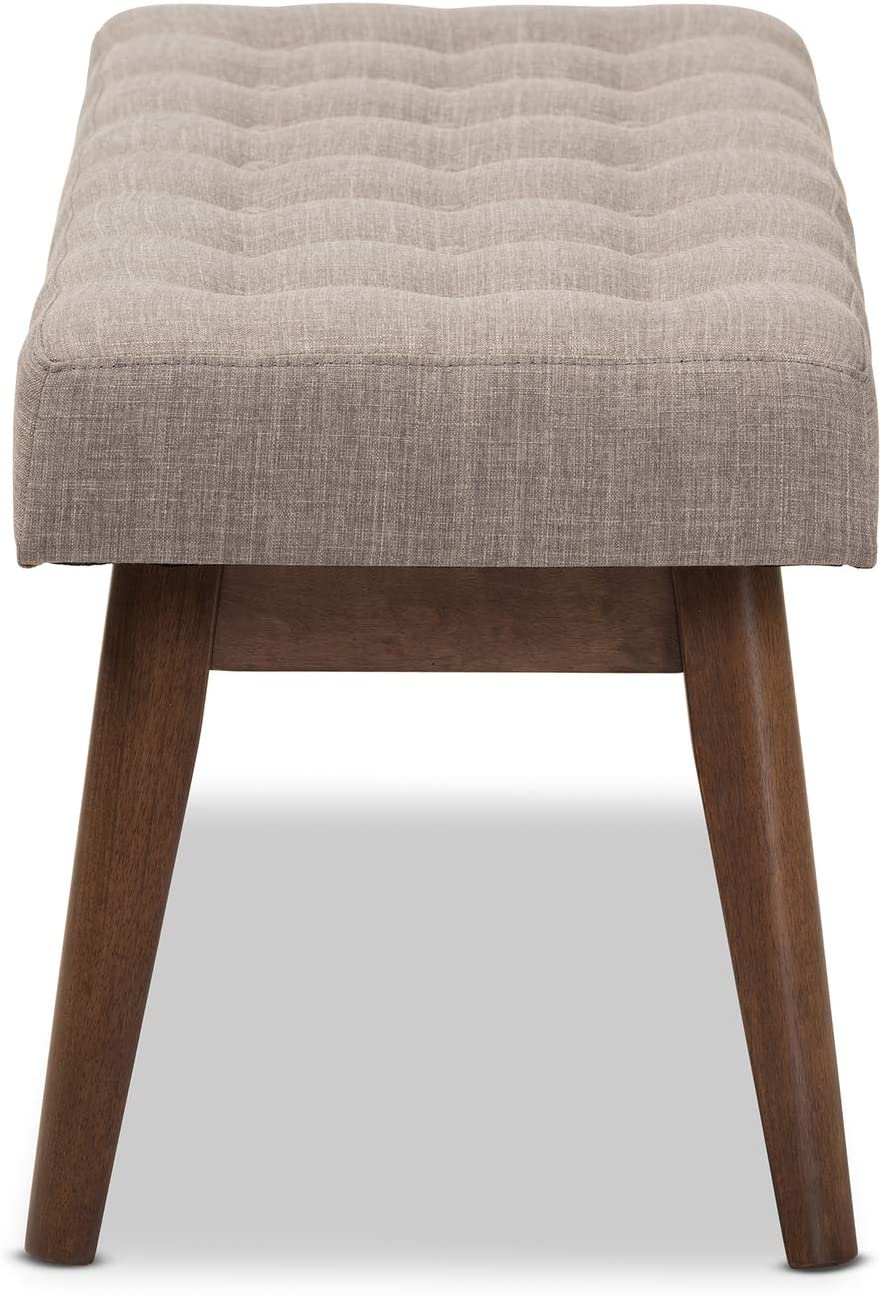 Baxton Studio Elia Mid-Century Modern Walnut Wood Light Grey Fabric Button-Tufted Bench/Mid-Century/Fabric Polyester 100%&#34;/Rubber Wood/Light Grey/Walnut Brown