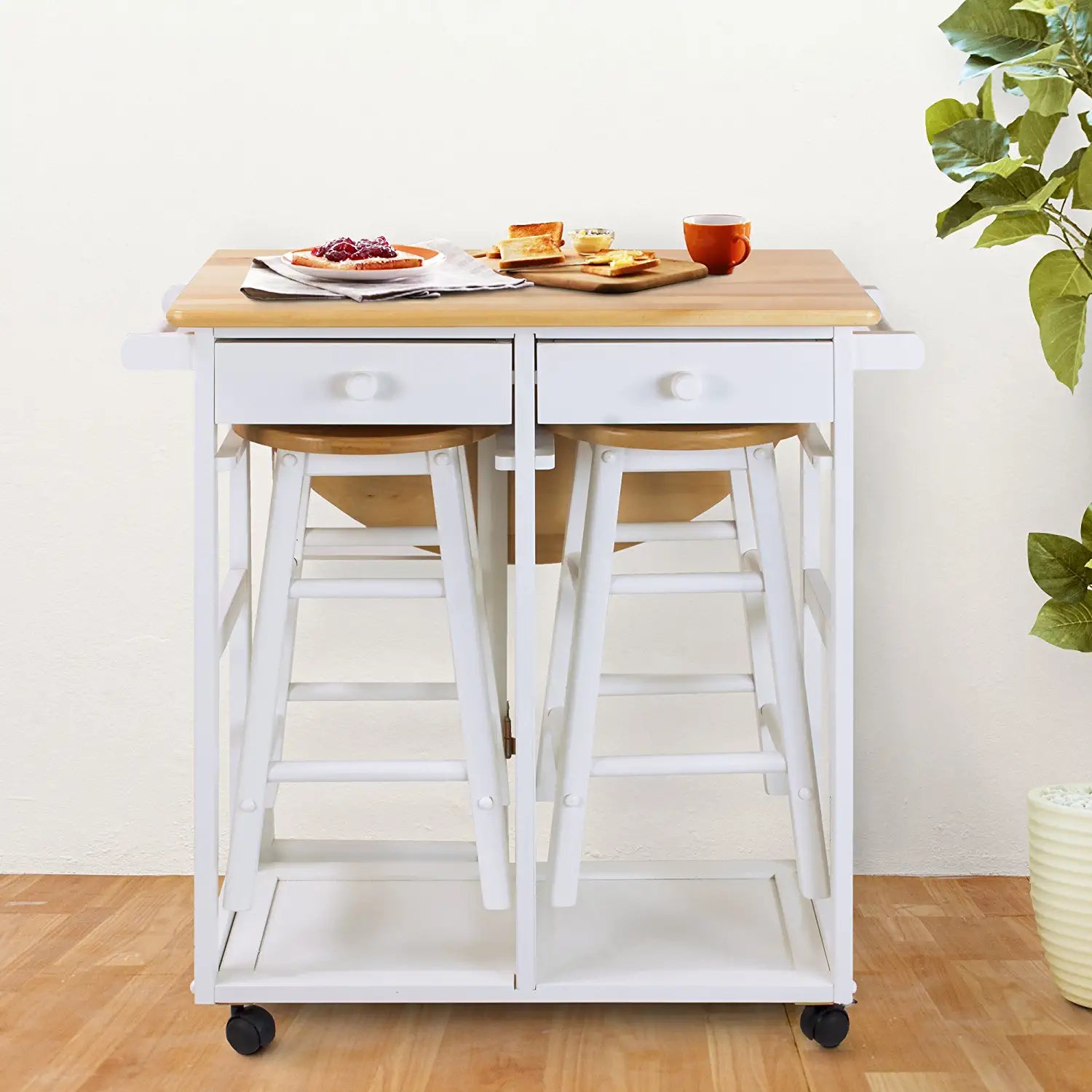 Casual Home Drop Leaf Breakfast Cart with 2 Stools-Natural