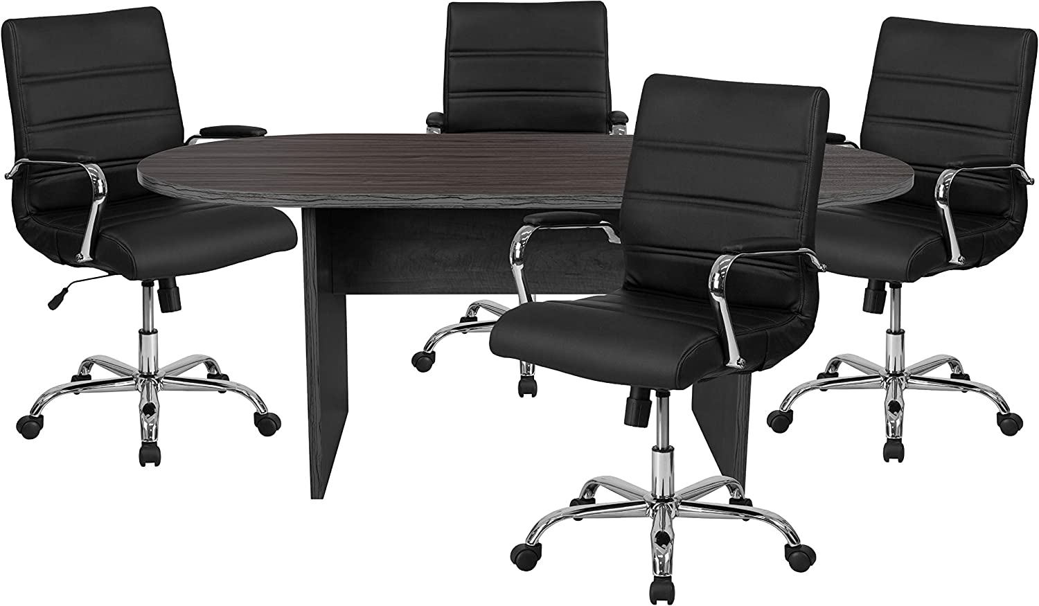 Flash Furniture 5 Piece Rustic Gray Oval Conference Table Set with 4 Black and Chrome LeatherSoft Executive Chairs