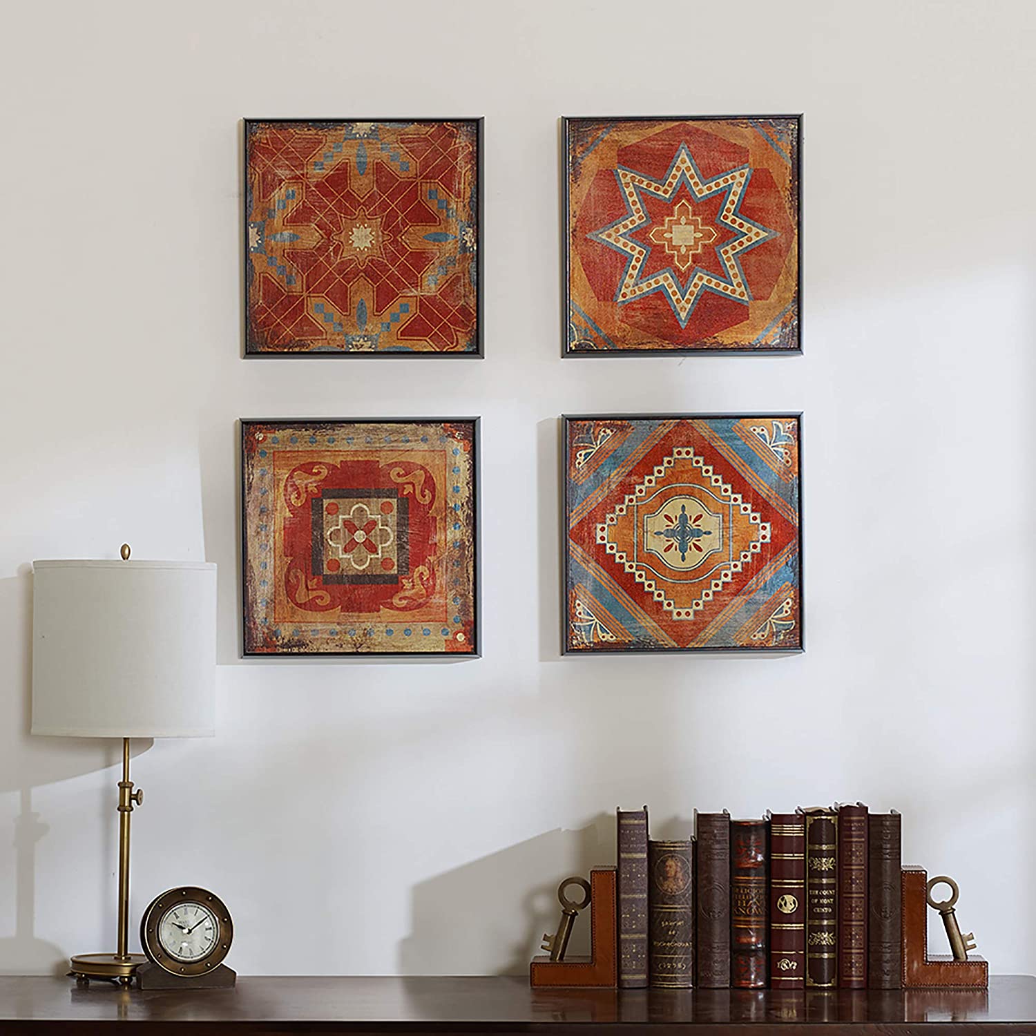 Madison Park Moroccan Tile Abstract Canvas Wall Art Bohemian Painting Home D√É∆í√Ç¬©cor, Abstract Stretched 4 Piece Set Canvas Painting for Living Room, Easy to Hang Deco Box Framed, Blue/Orange, Red