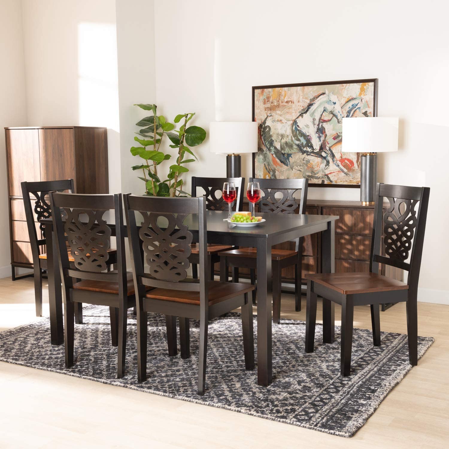 Baxton Studio Luisa Modern and Contemporary Two-Tone Dark Brown and Walnut Brown Finished Wood 7-Piece Dining Set