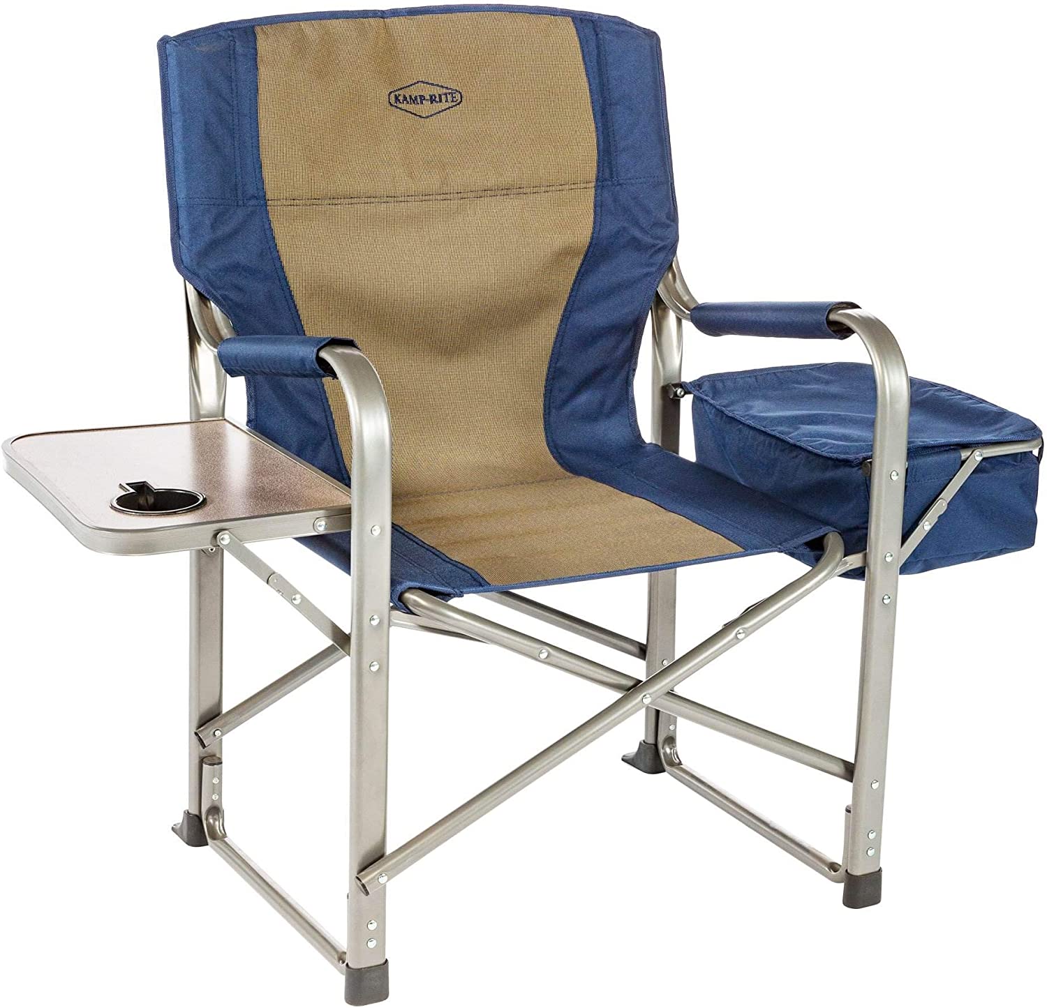 Kamp-Rite Portable Folding Director&#39;s Chair with Cooler, Side Table &amp; Cup Holder for Camping, Tailgating, and Sports, 350 LB Capacity, Navy/Tan