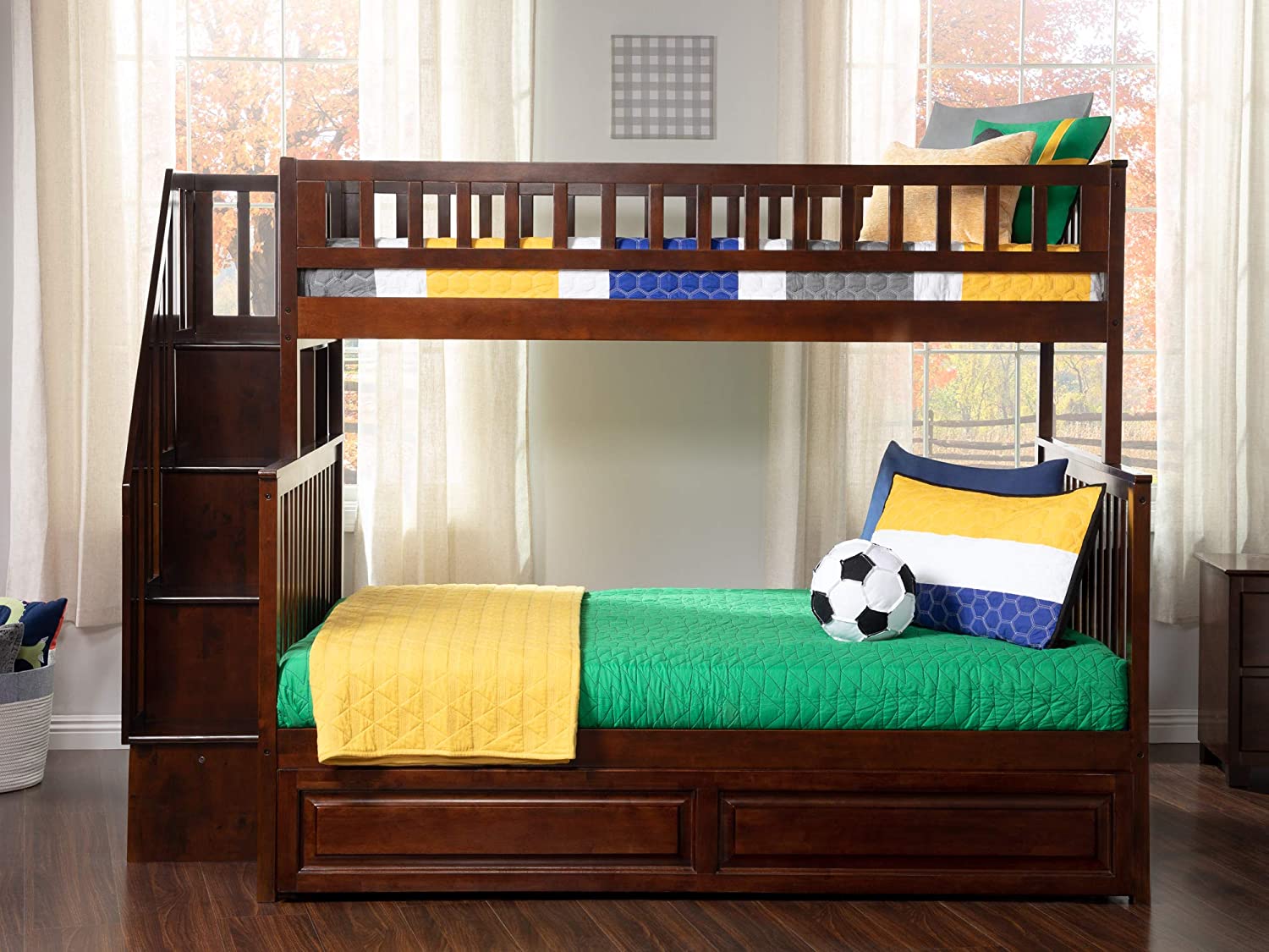 AFI Woodland Staircase Bunk Raised Panel Trundle Bed, Twin/Full, Walnut