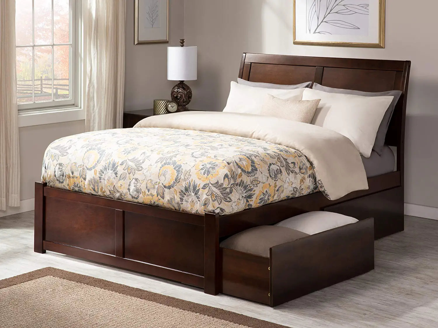 AFI Portland Queen Platform Bed with Flat Panel Footboard and Turbo Charger with Urban Bed Drawers in Walnut