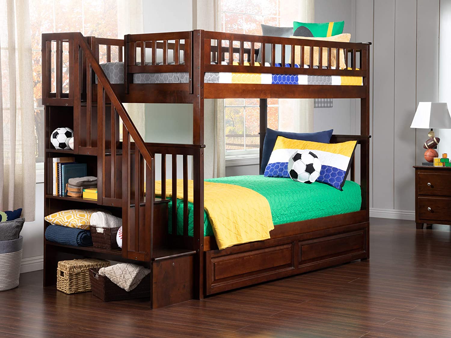 AFI Woodland Staircase Bunk Raised Panel Trundle Bed, Twin, Walnut, Twin/Twin