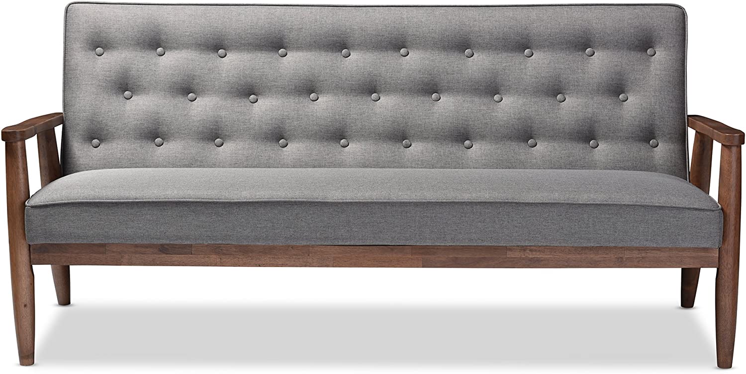 Baxton Studio Sorrento Mid-Century Retro Modern Fabric Upholstered Wooden 3-Seater Sofa, Grey