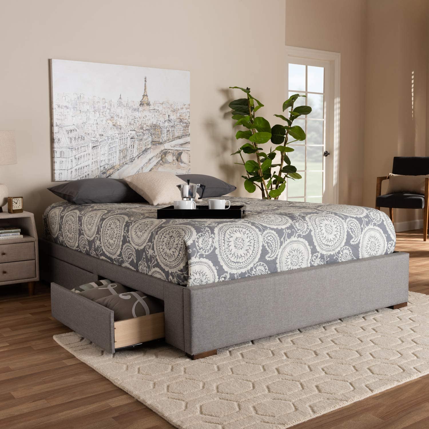 Baxton Studio Leni Modern and Contemporary Light Grey Fabric Upholstered 4-Drawer Queen Size Platform Storage Bed Frame