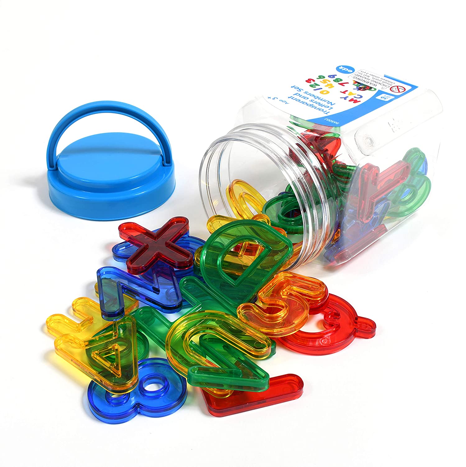 edxeducation Transparent Letters and Numbers - Mini Jar - Colorful, Plastic Letters and Numbers - Light Box Accessory - Sensory Play - Practice Counting and Spelling