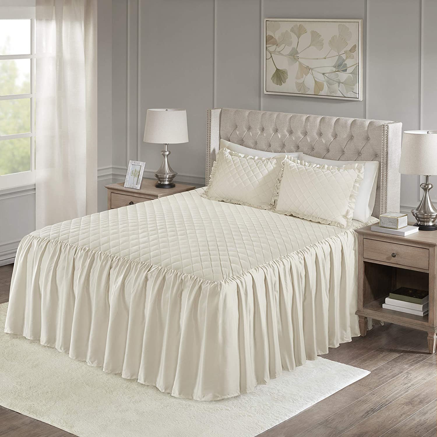 Madison Park Fitted Bedspread Double Sided Quilting Design All Season, Lightweight, Bedding Set, Matching Shams, King(79&#34; x81+24D), Velvet Drape Ivory