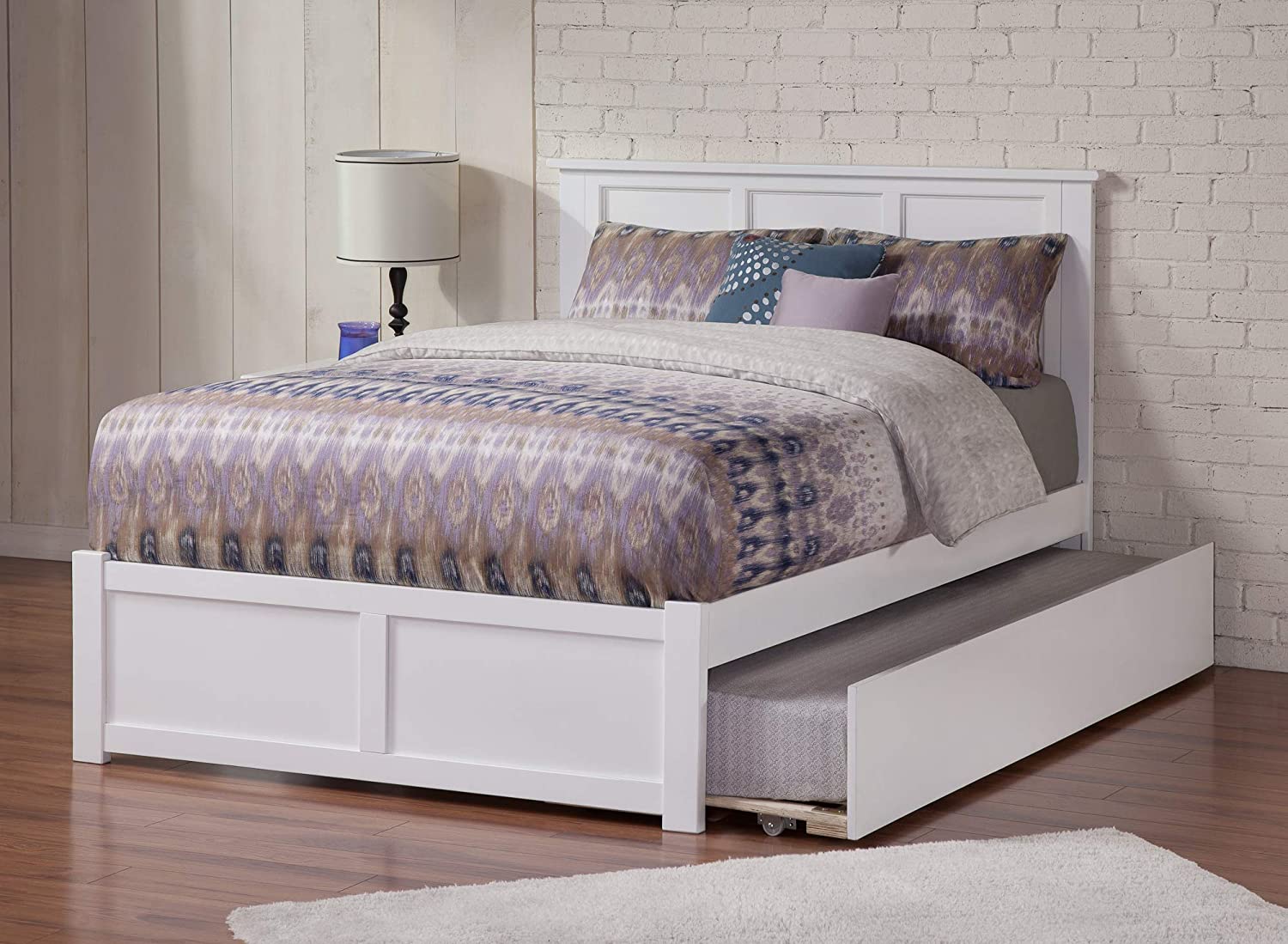 AFI Madison Platform Bed with Flat Panel Footboard and Turbo Charger with Twin Size Urban Trundle, Full, White