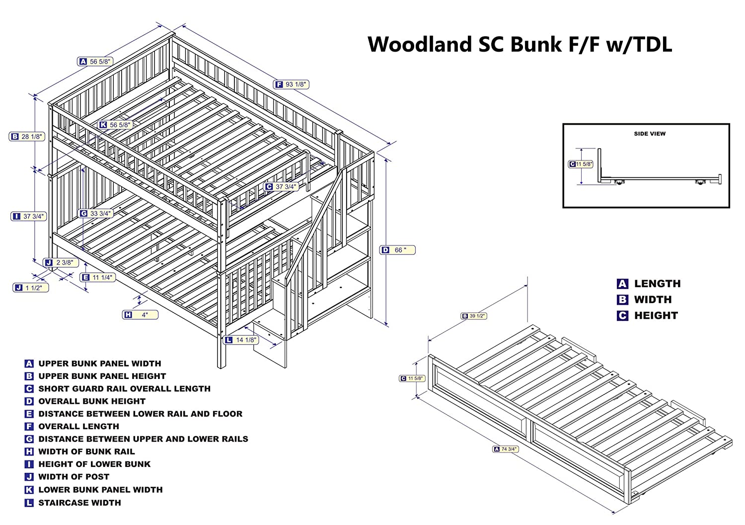 AFI Woodland Staircase Bunk with Turbo Charger and Twin Size Raised Panel Trundle, Full/Full, White