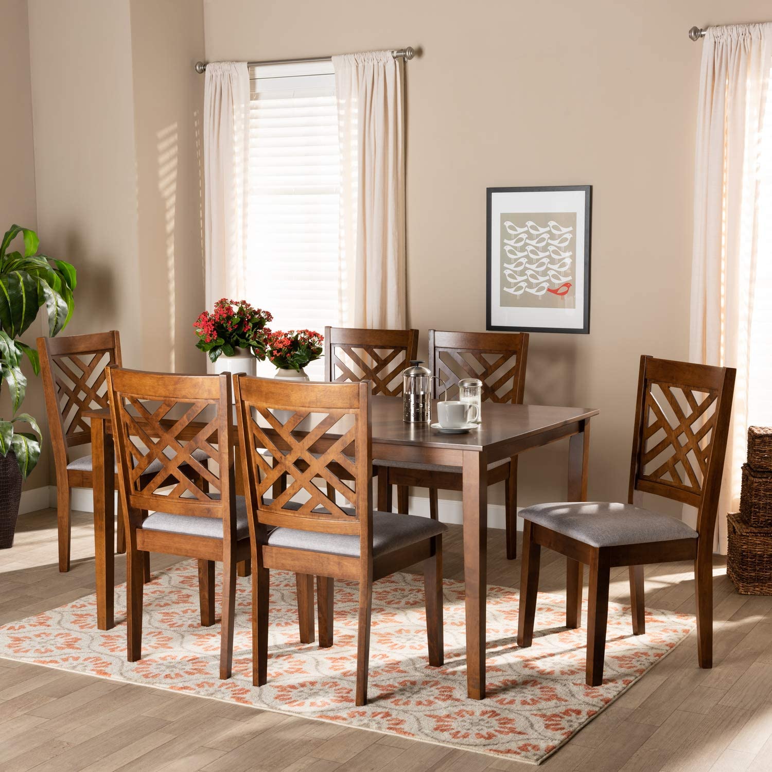 Baxton Studio Caron Modern and Contemporary Grey Fabric Upholstered and Walnut Brown Finished Wood 7-Piece Dining Set