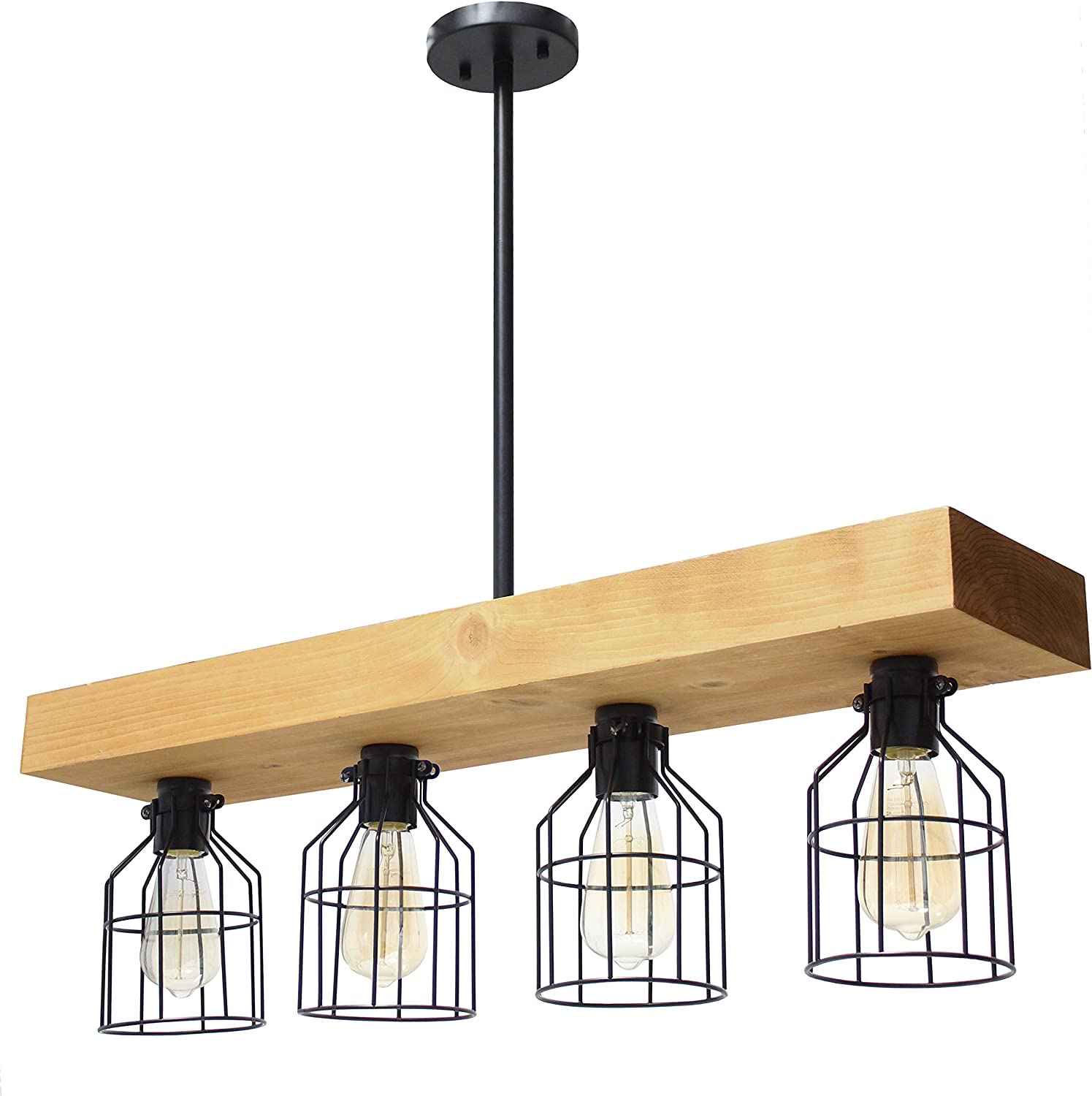 Elegant Designs CH1001-LWD 4 Light Rustic Farmhouse Industrial Wired Cage Pendant Island Light Chandelier, Light Wood