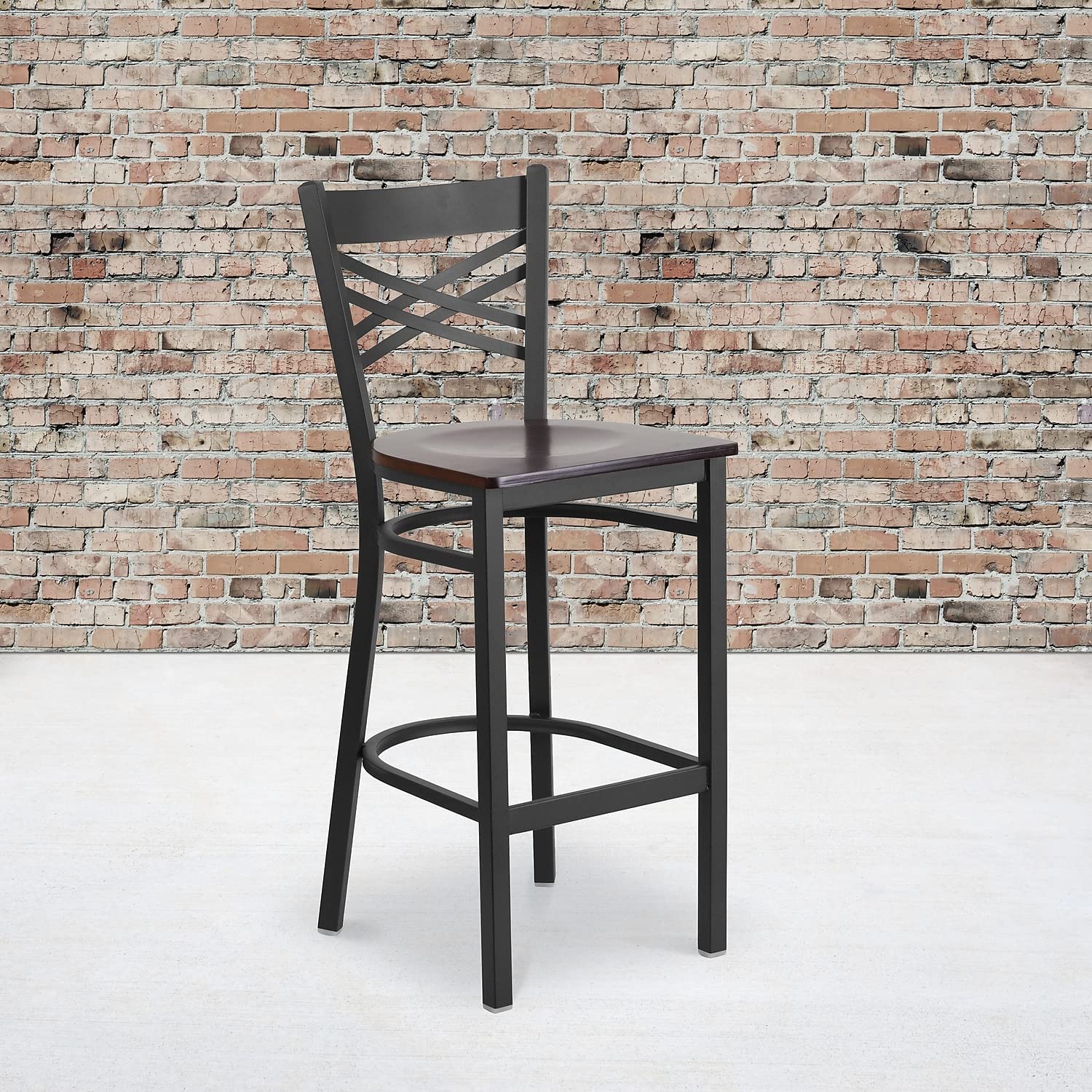 Flash Furniture HERCULES Series Black &#39;&#39;X&#39;&#39; Back Metal Restaurant Barstool - Walnut Wood Seat