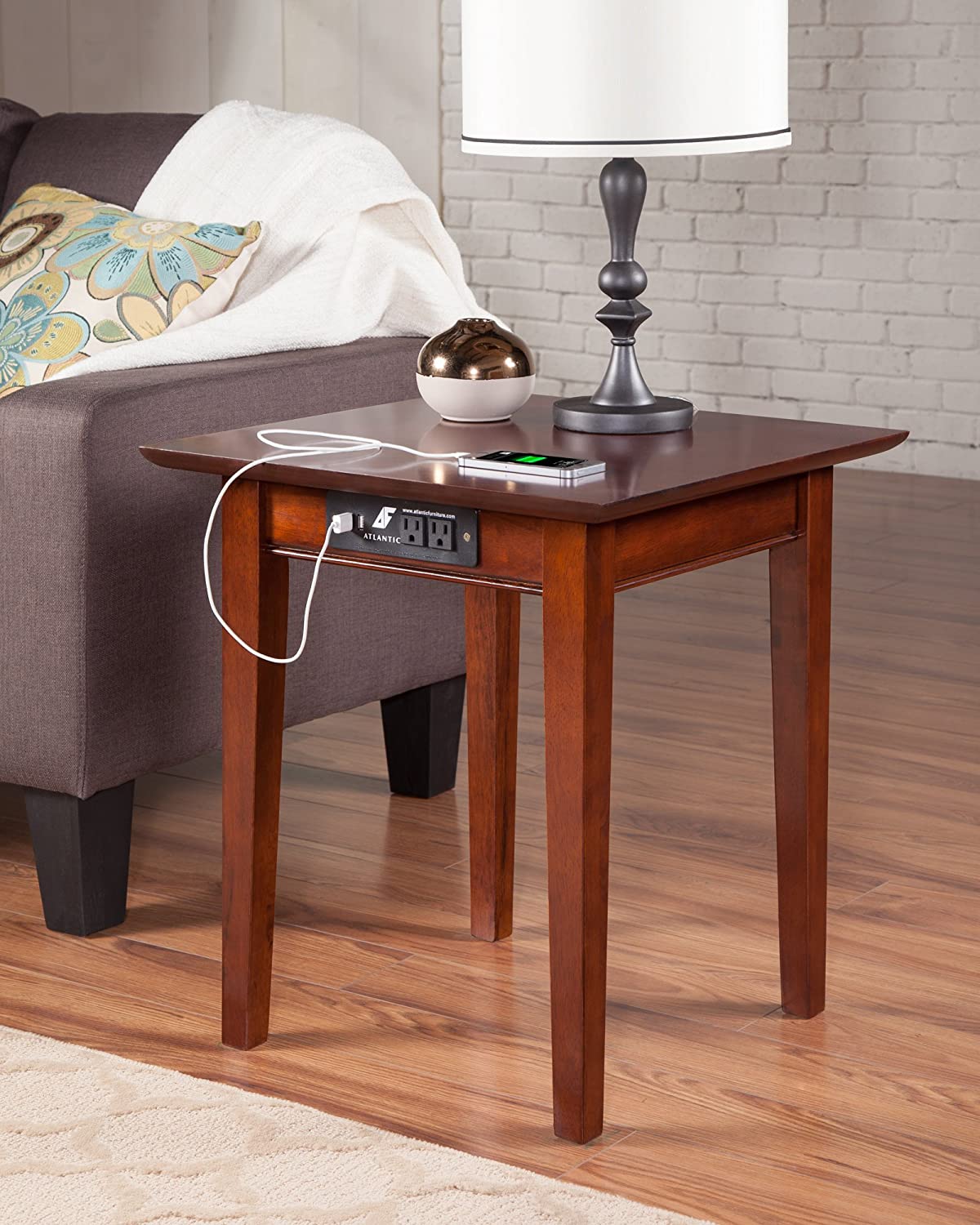 AFI Shaker End Table w ith Charging Station, Walnut, Chair Side (20&#34; x 20&#34;)