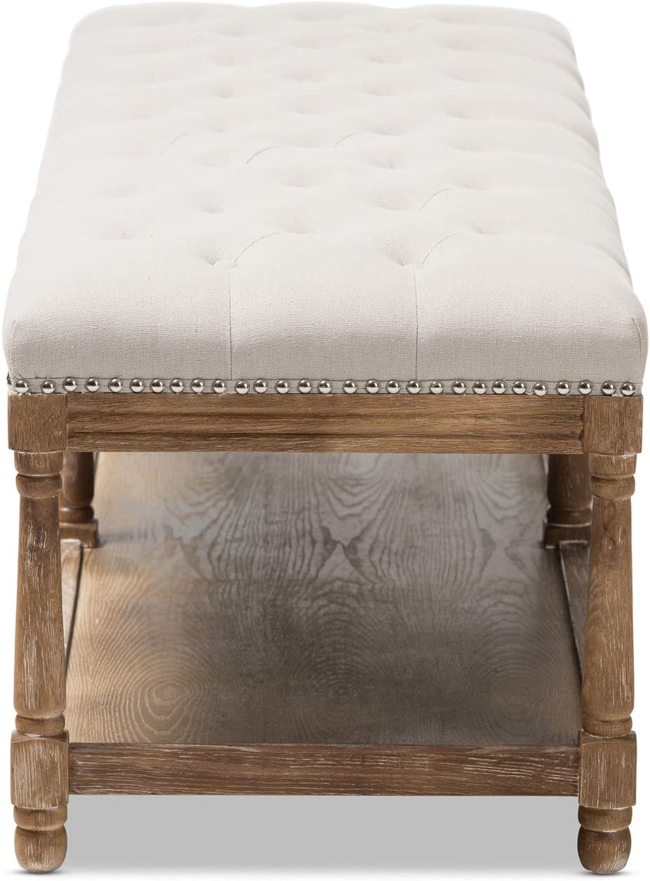 Baxton Studio Celeste French Country Weathered Oak Beige Linen Upholstered Ottoman Bench