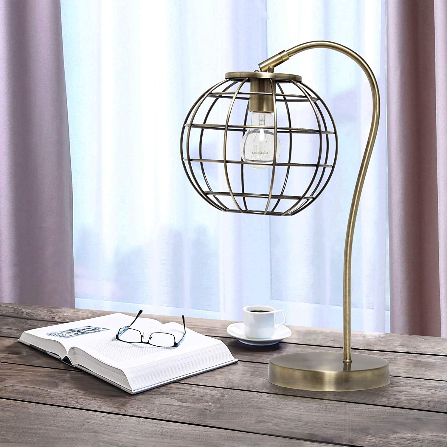 Lalia Home Decorative Arched Metal Cage Table Lamp, Antique Brass