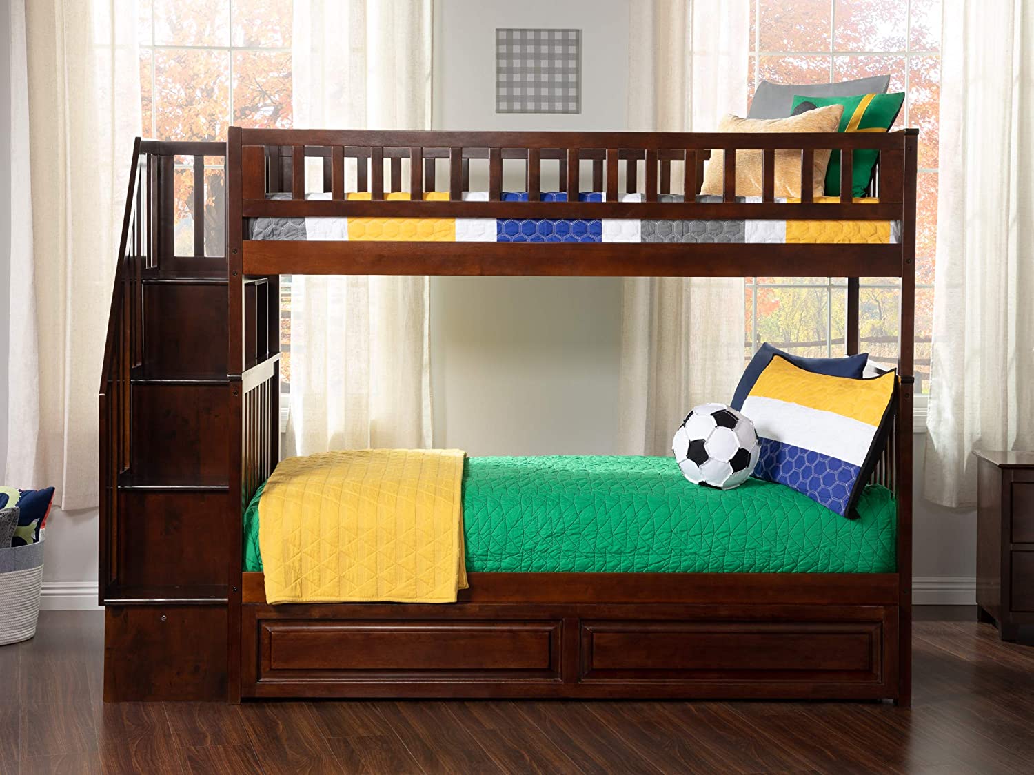 AFI Woodland Staircase Bunk Raised Panel Trundle Bed, Twin, Walnut, Twin/Twin