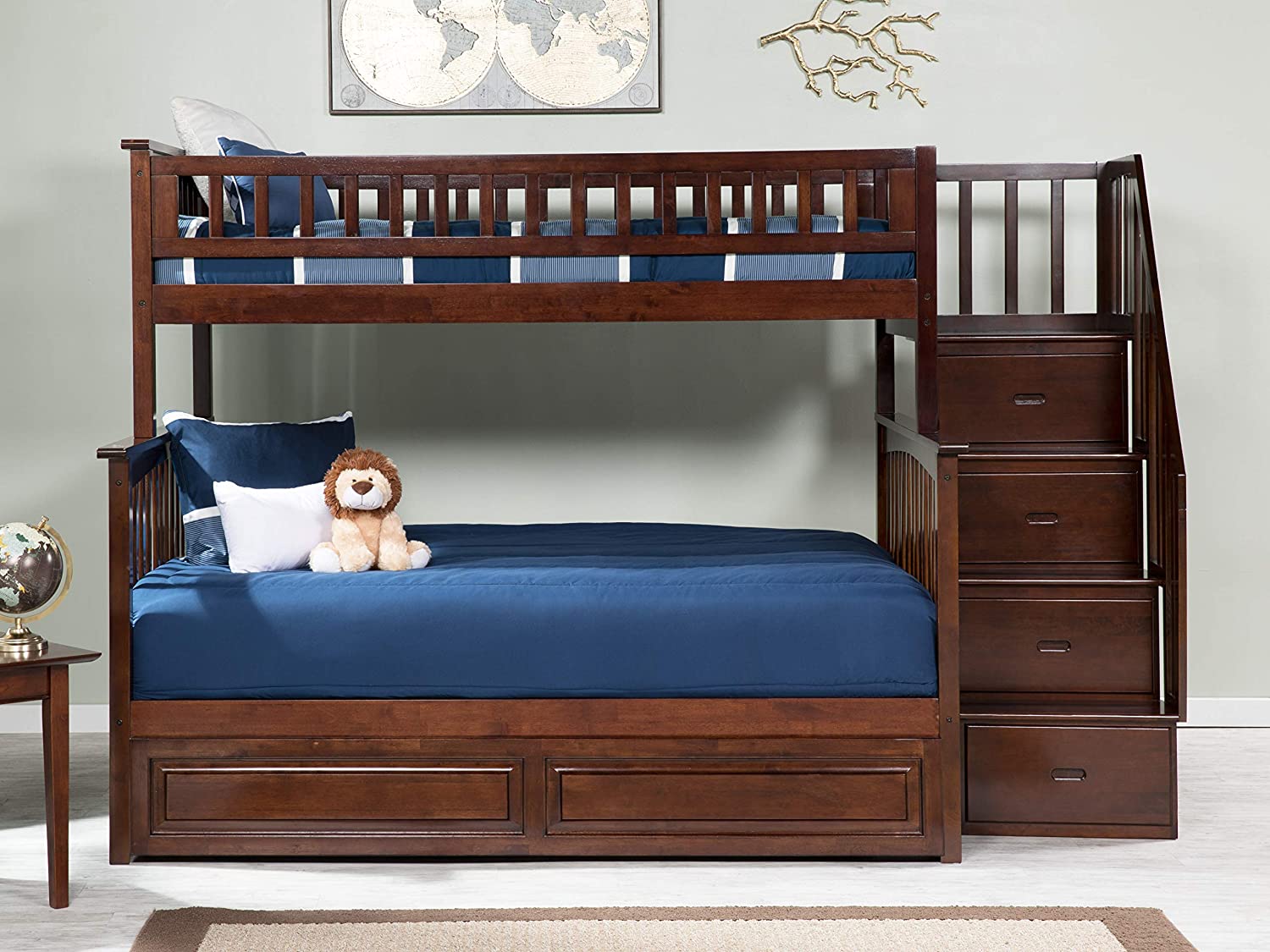 AFI Columbia Staircase Bunk with Turbo Charger and Twin Size Raised Panel Trundle, Full, Walnut