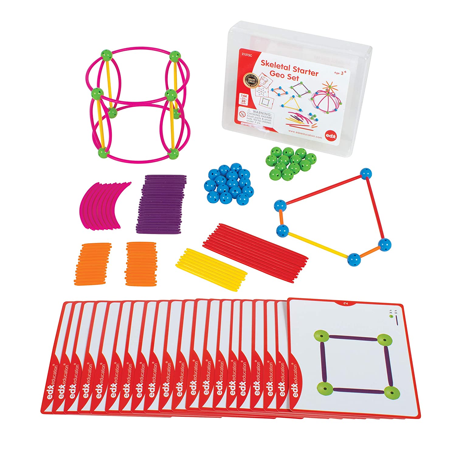 edxeducation Skeletal Starter Geo Set - 144 Multicolored Pieces - 20 Double-Sided Activity Cards - STEM Building Toy for Ages 3+ - Construct Geometric 2D and 3D Shapes