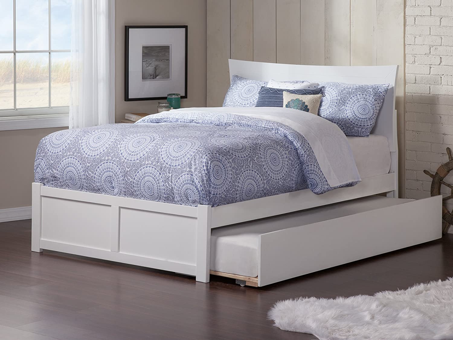 AFI Metro Platform Bed with Flat Panel Footboard and Turbo Charger with Twin Size Urban Trundle, Full, White