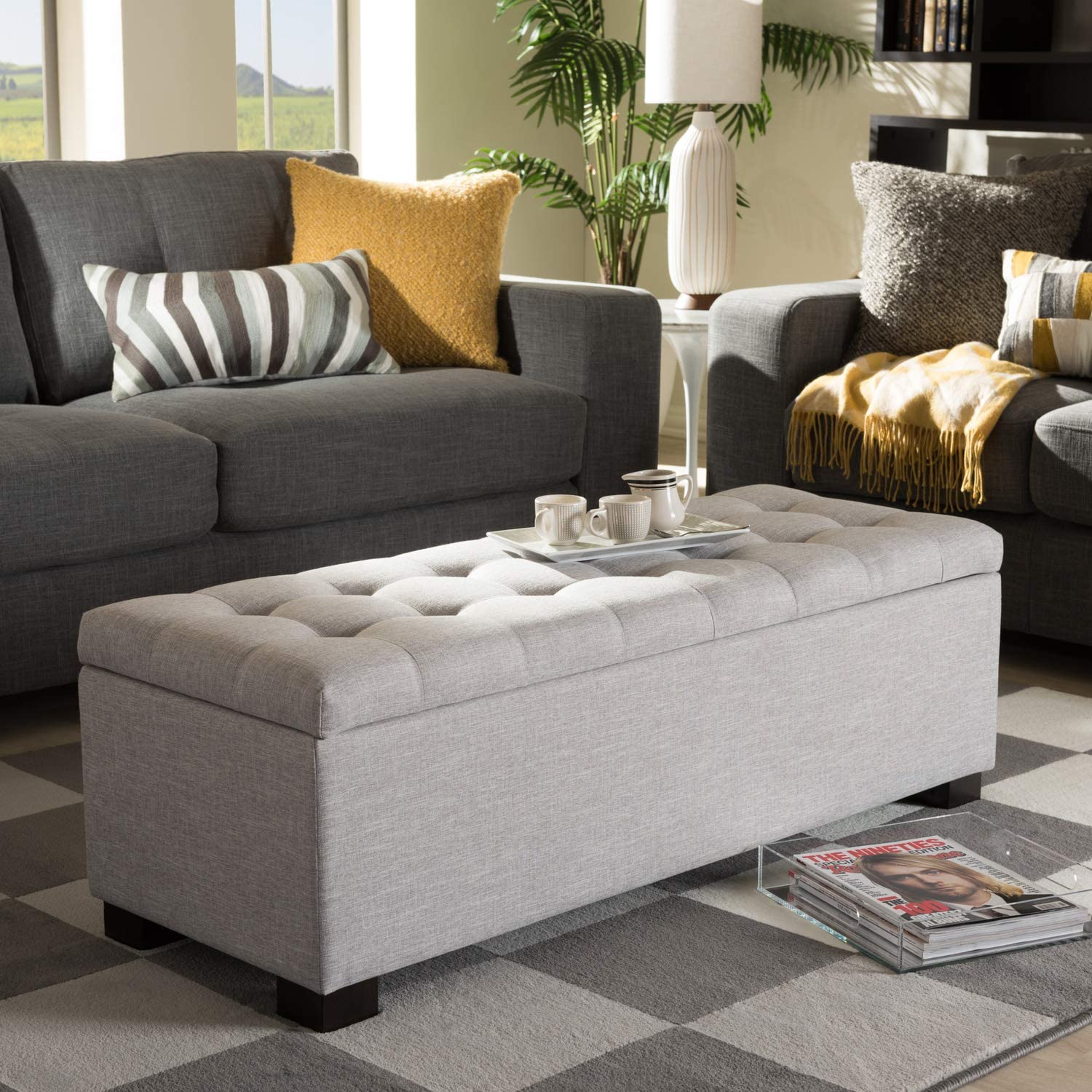 Baxton Studio Roanoke Modern and Contemporary Upholstered Grid-Tufting Storage Ottoman Bench Greyish Beige