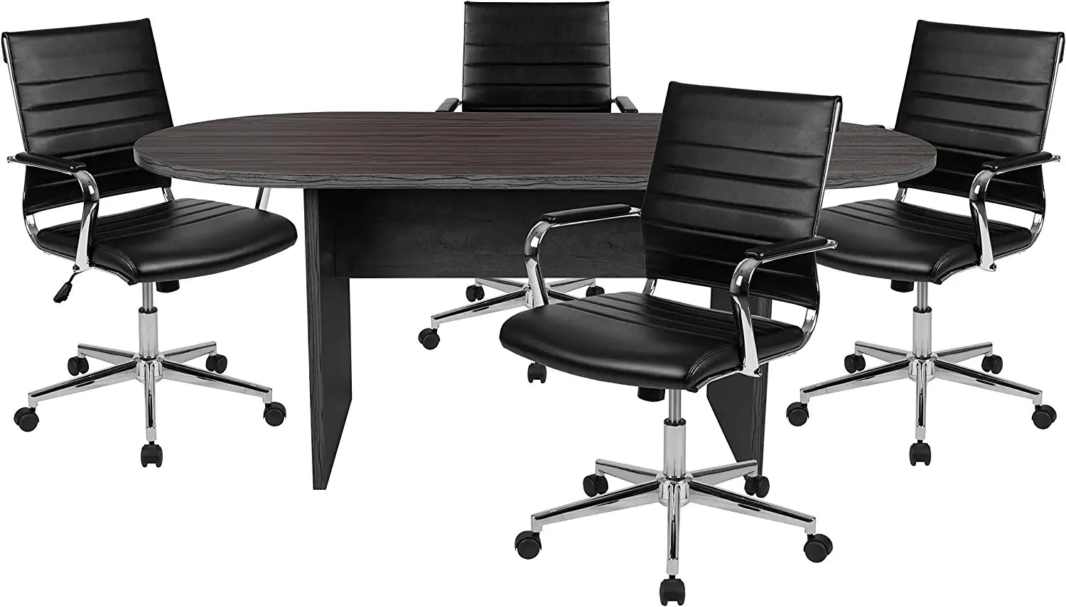 Flash Furniture 5 Piece Rustic Gray Oval Conference Table Set with 4 Black LeatherSoft Ribbed Executive Chairs